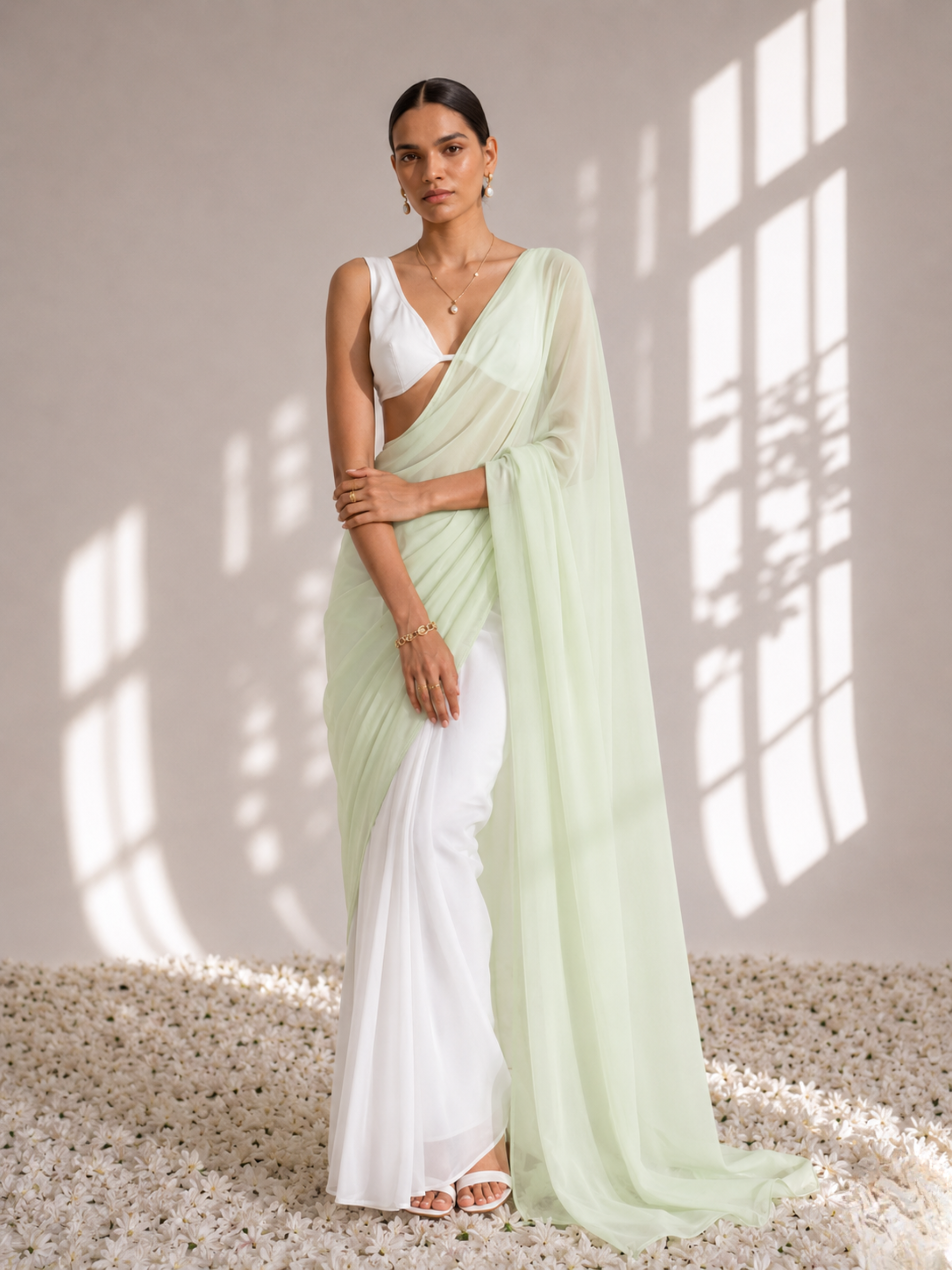 White and Sage Green Saree with Blouse Fabric