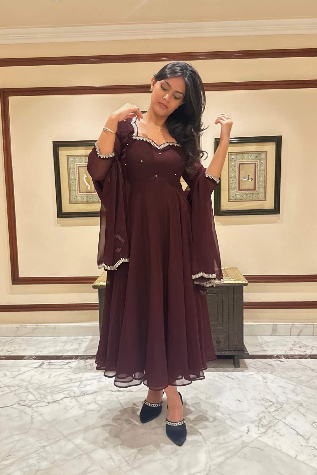 3 pc Suit Set -Chocolate Georgette 3/4th Sleeve Anarkali with Embroidery and Dupatta with Pants