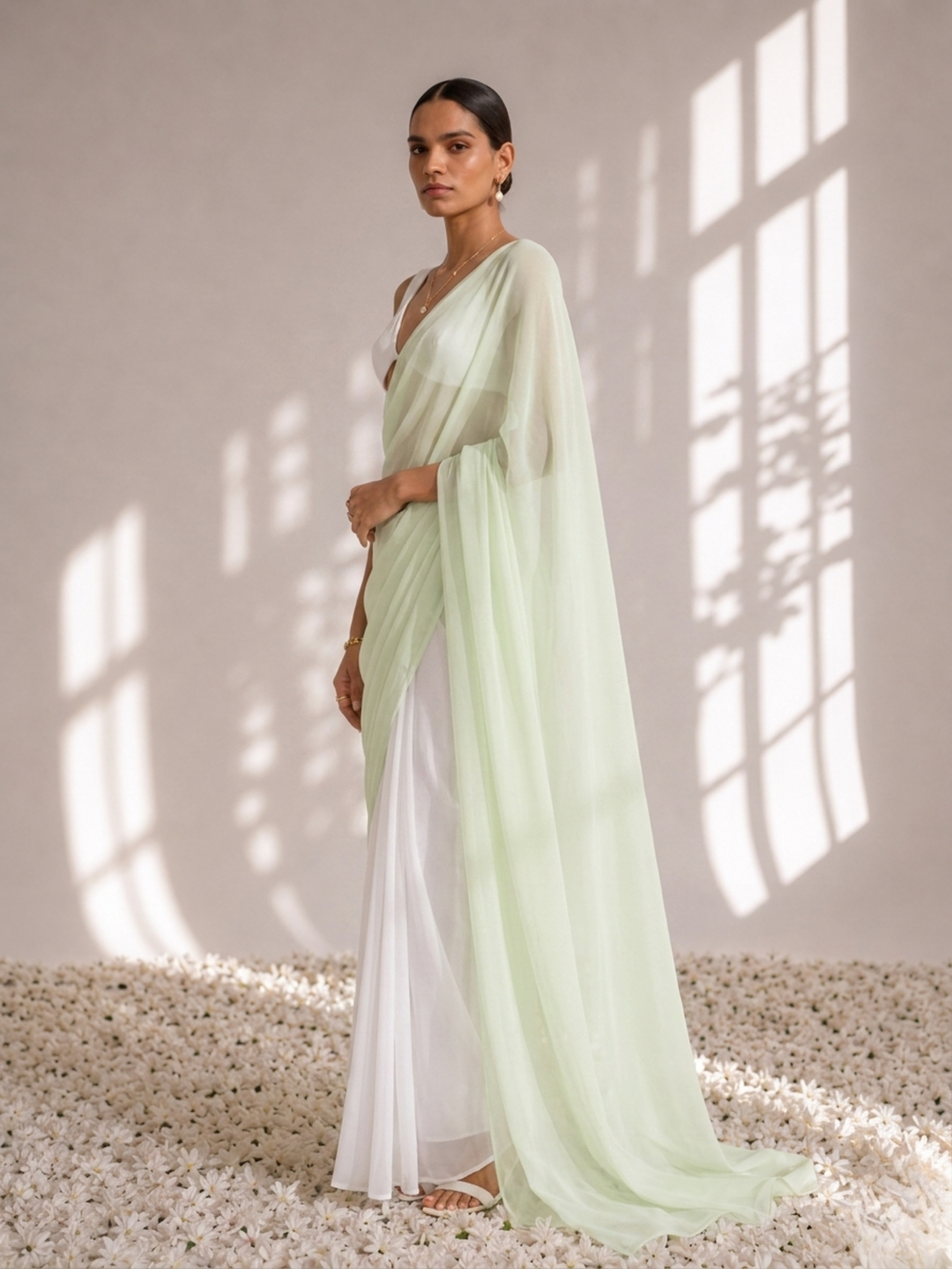 White and Sage Green Saree with Blouse Fabric