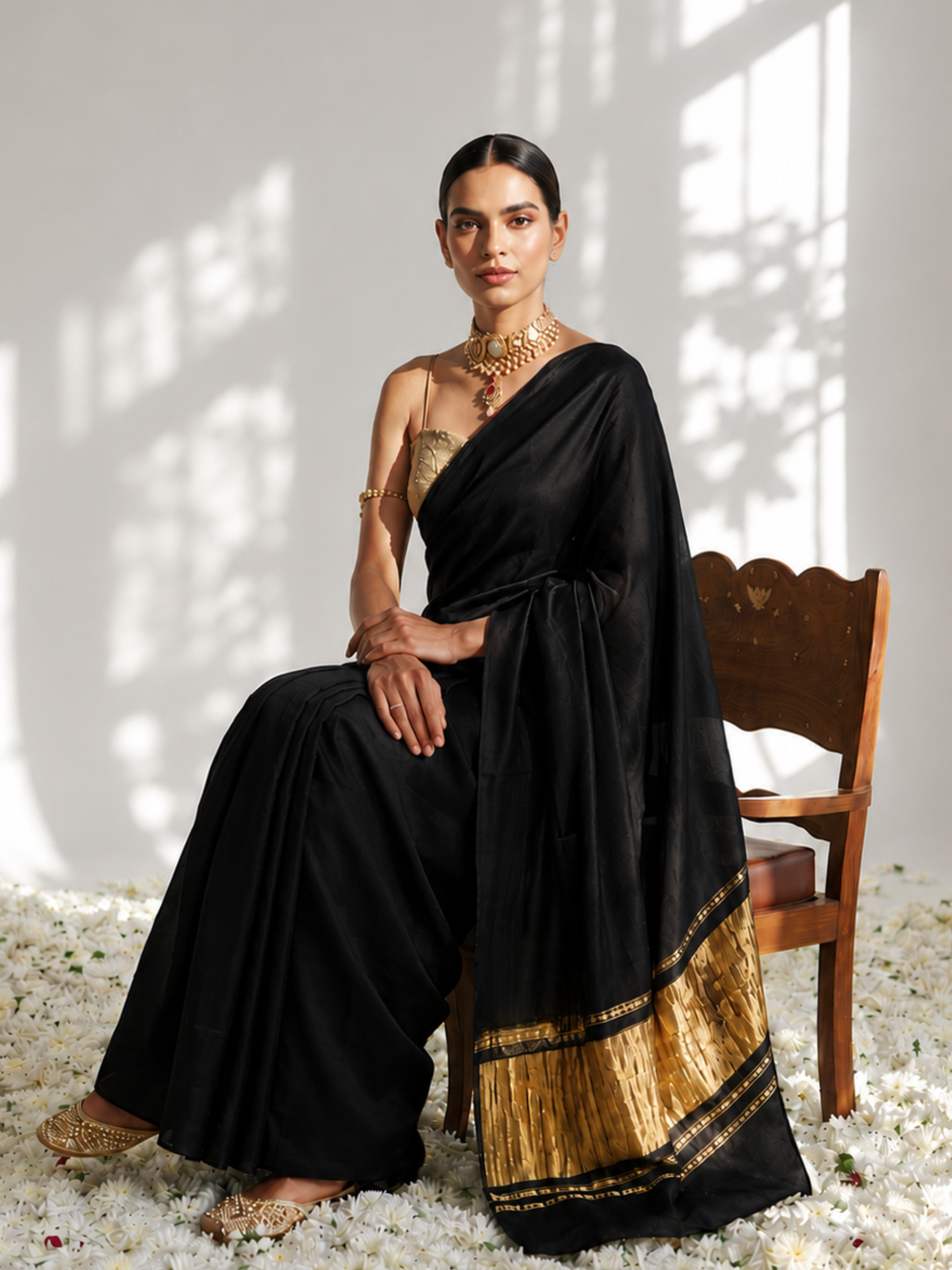 Black Modal Gajji Saree with Zari Pallu and Self Blouse Fabric