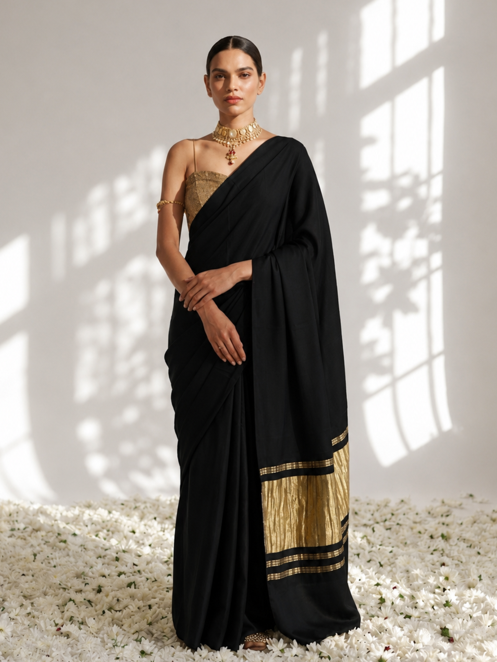 Black Modal Gajji Saree with Zari Pallu and Self Blouse Fabric