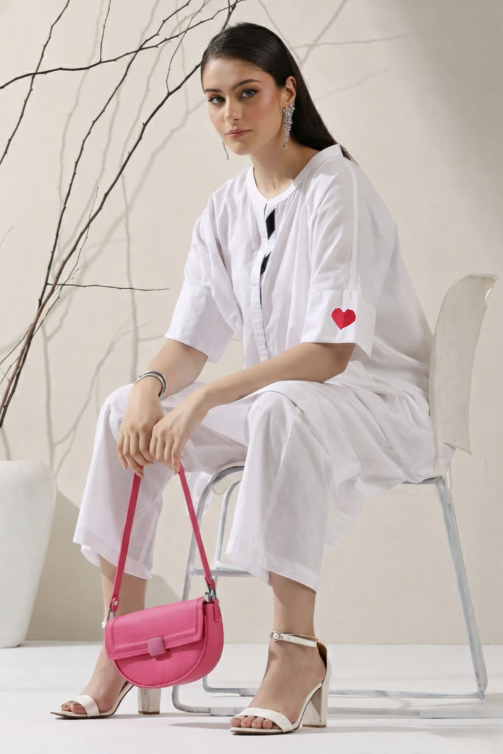 Women's White Cotton Kurta with Red Heart & Pants | 2 Pc Set, Easy Fit, Playful Everyday Ethnic Co-ord