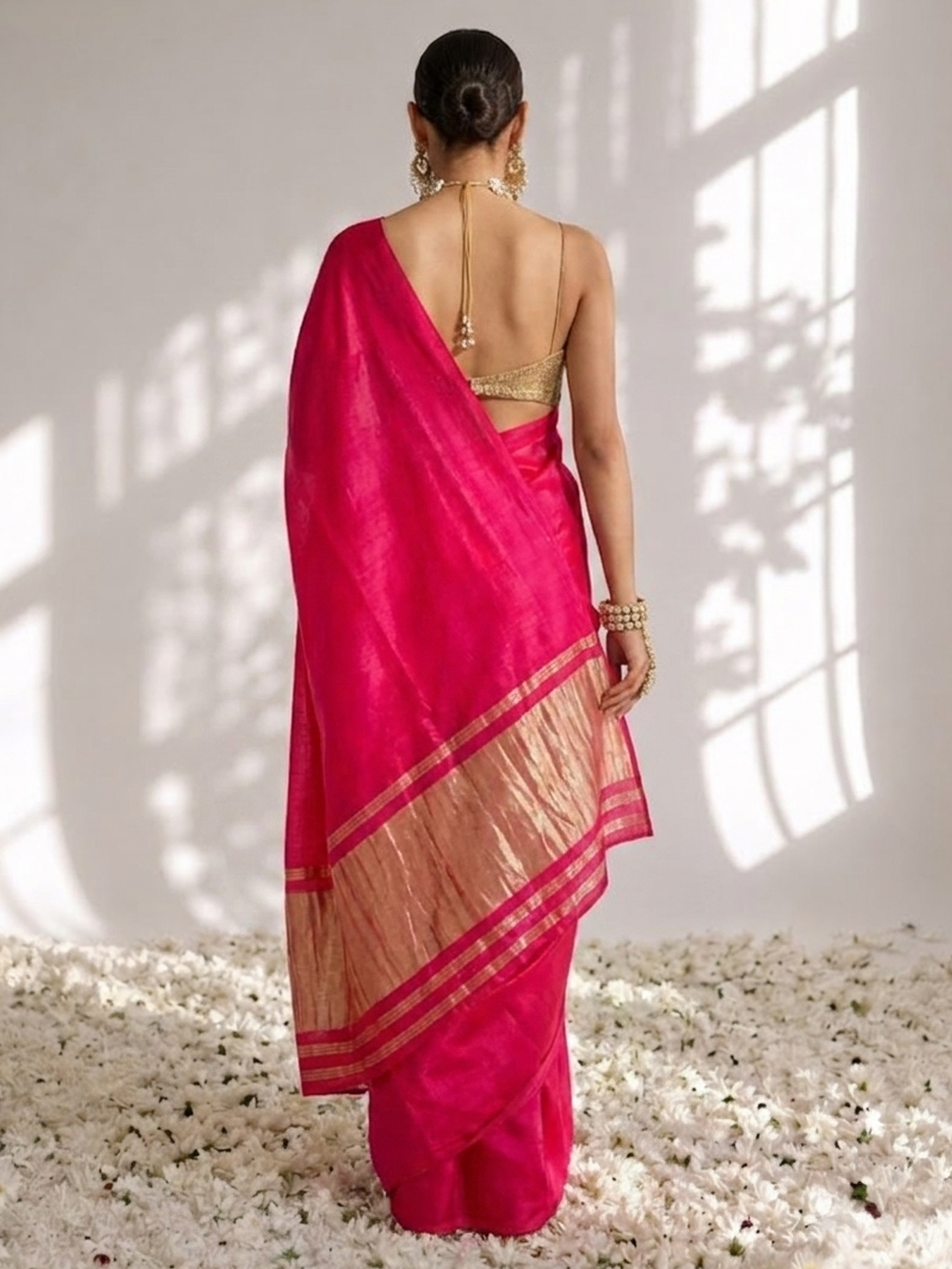 Fuchsia Modal Gajji Saree with Zari Pallu and Self Blouse Fabric