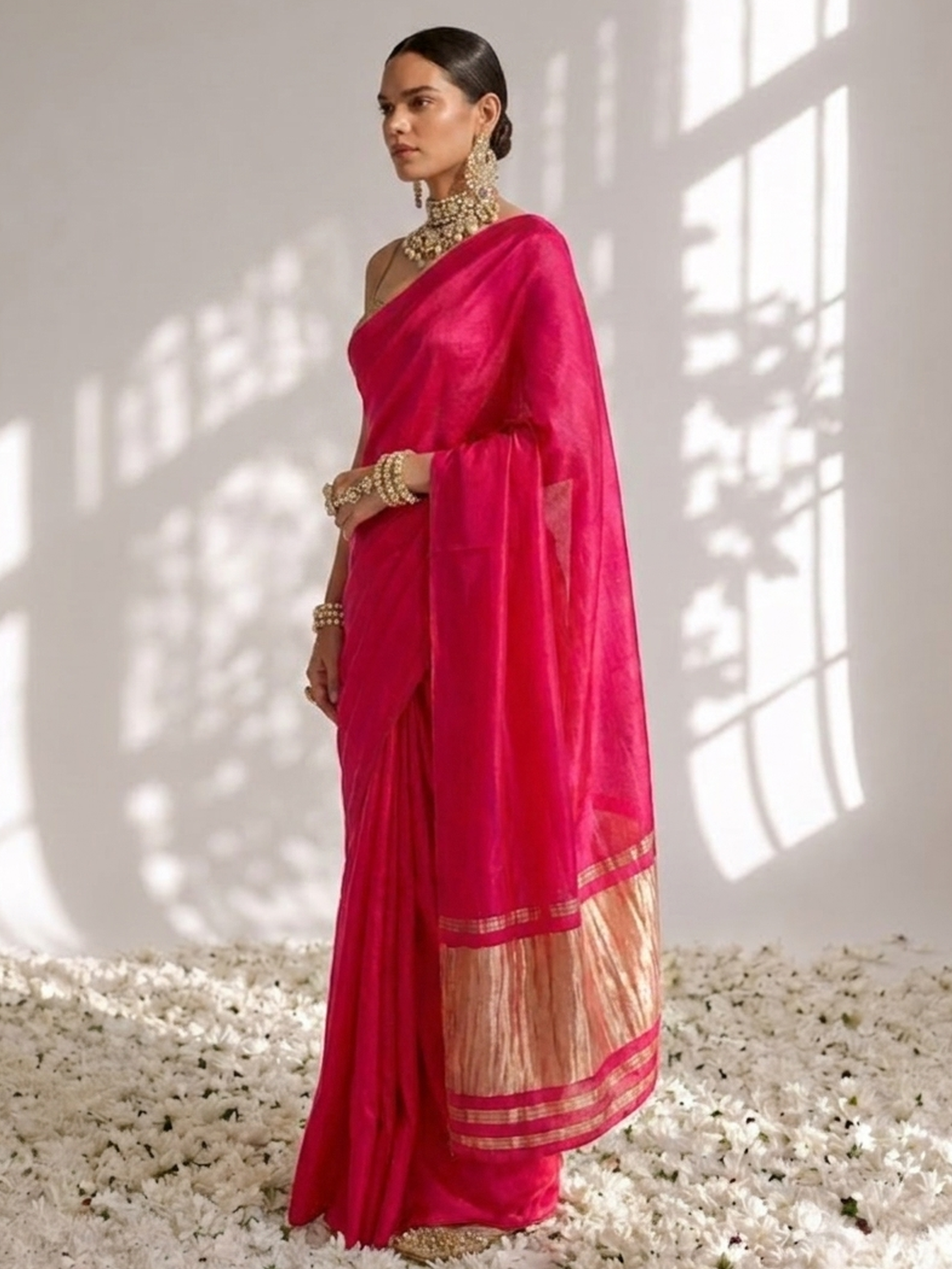 Fuchsia Modal Gajji Saree with Zari Pallu and Self Blouse Fabric
