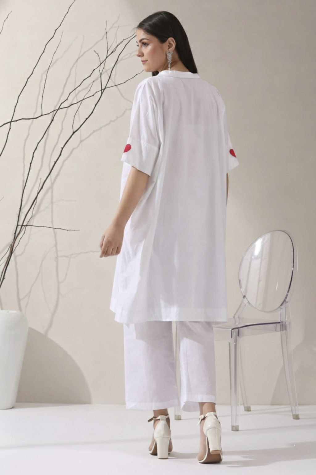 Women's White Cotton Kurta with Red Heart & Pants | 2 Pc Set, Easy Fit, Playful Everyday Ethnic Co-ord