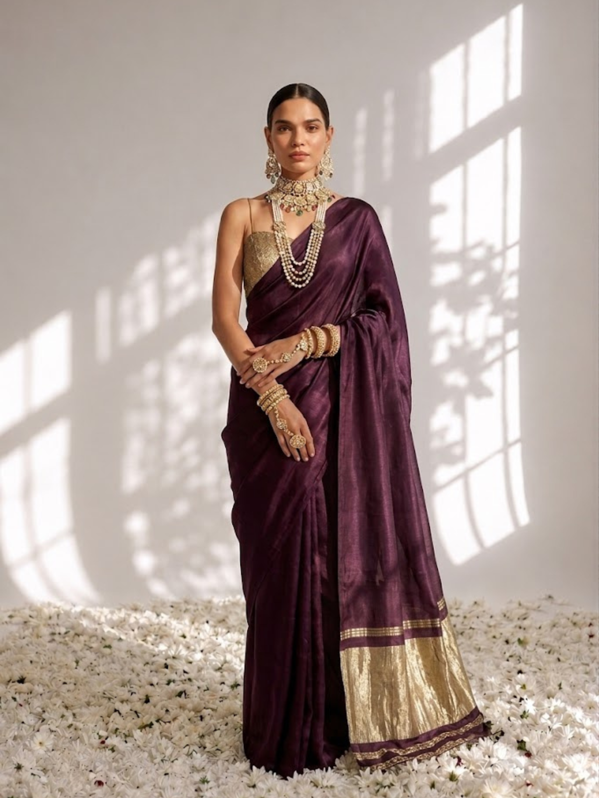 Wine Modal Gajji Saree with Zari Pallu and Self Blouse Fabric
