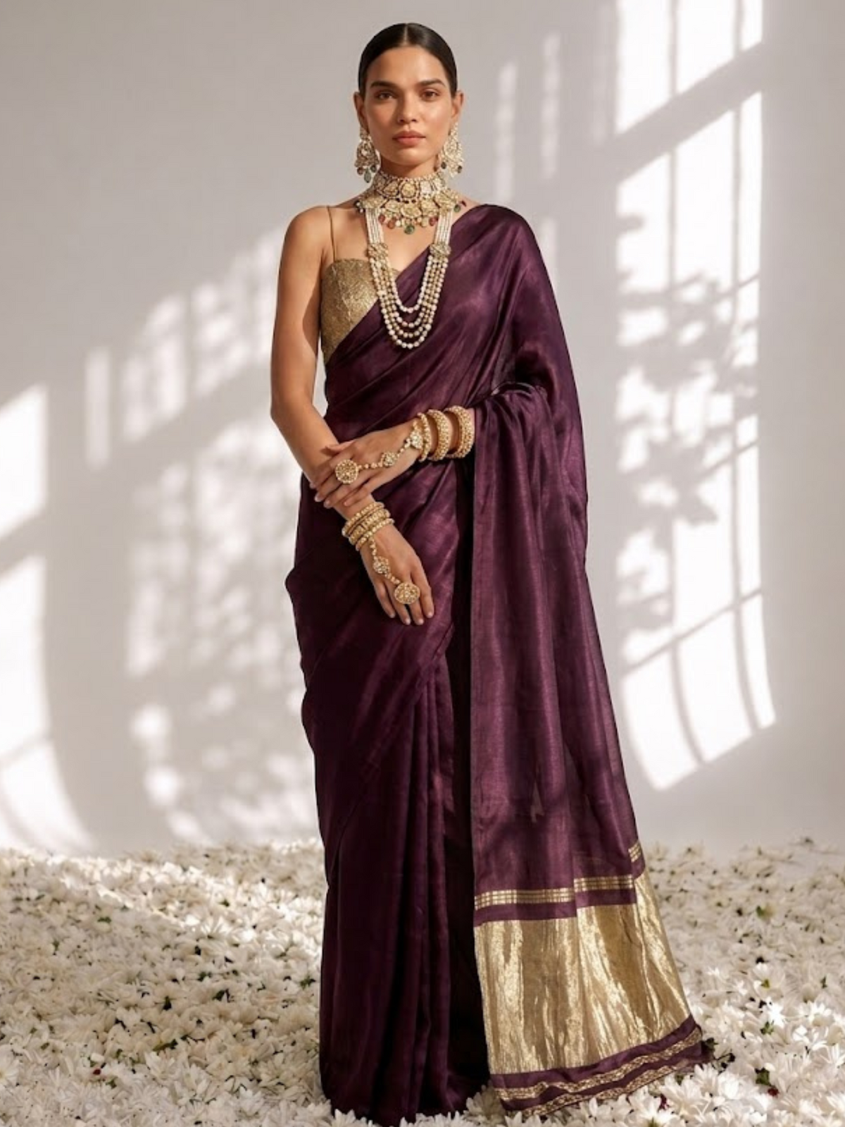 Wine Modal Gajji Saree with Zari Pallu and Self Blouse Fabric