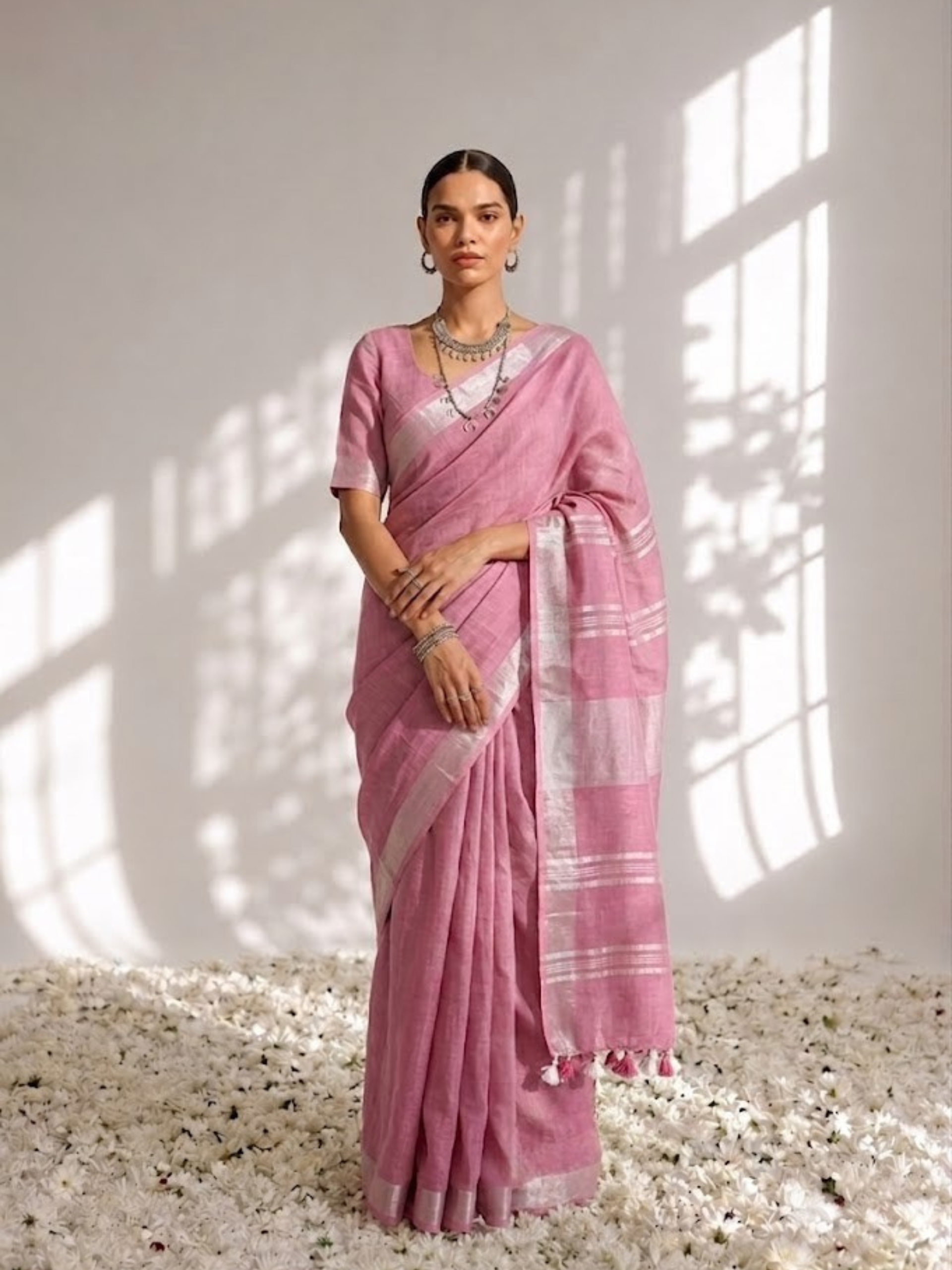 Blush Lavender Linen Saree with Self Blouse Fabric