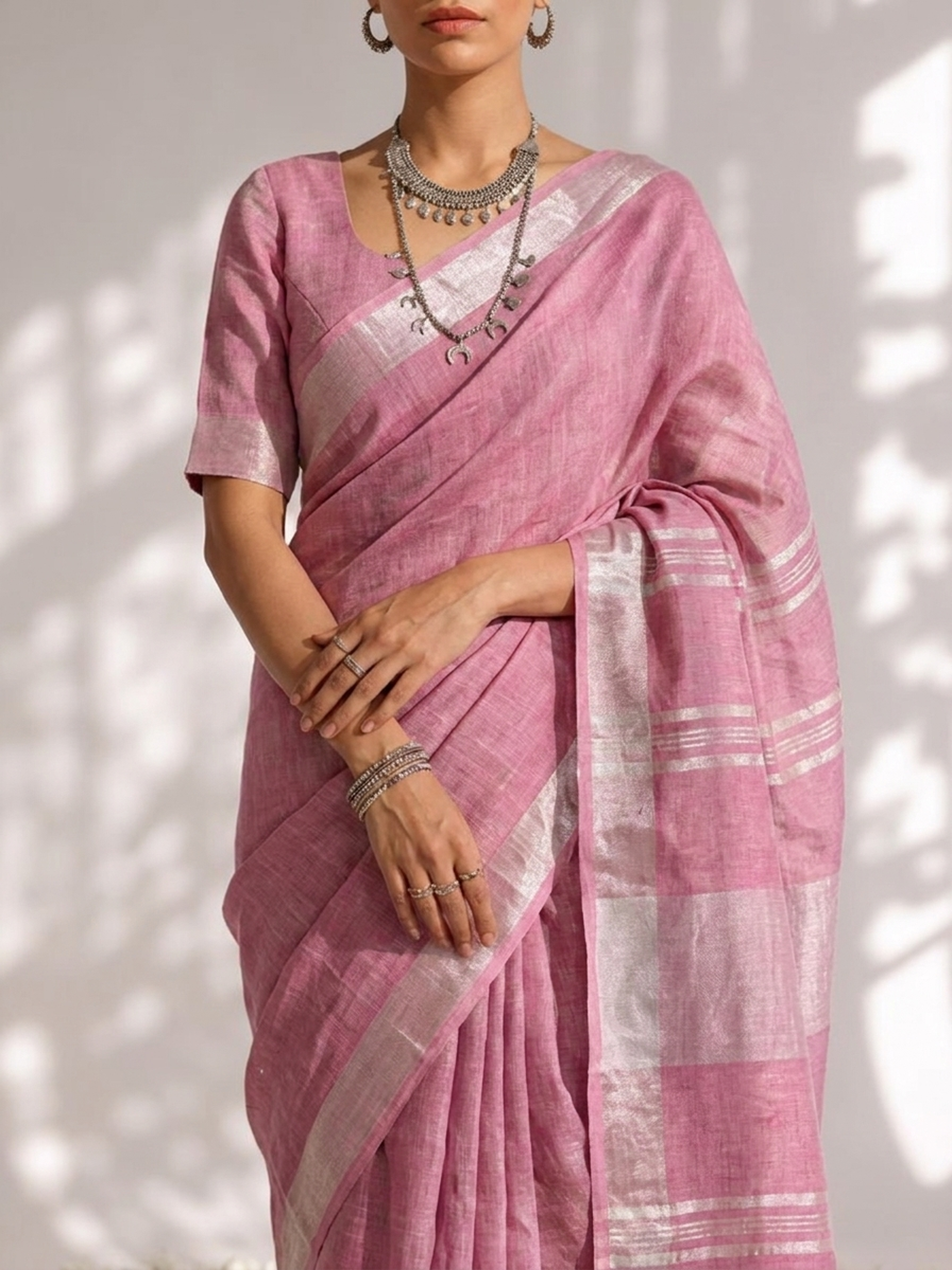 Blush Lavender Linen Saree with Self Blouse Fabric