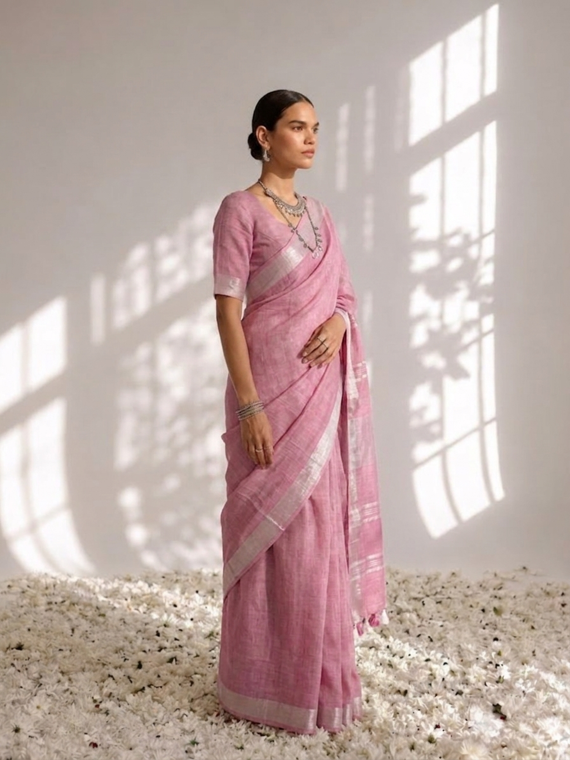 Blush Lavender Linen Saree with Self Blouse Fabric