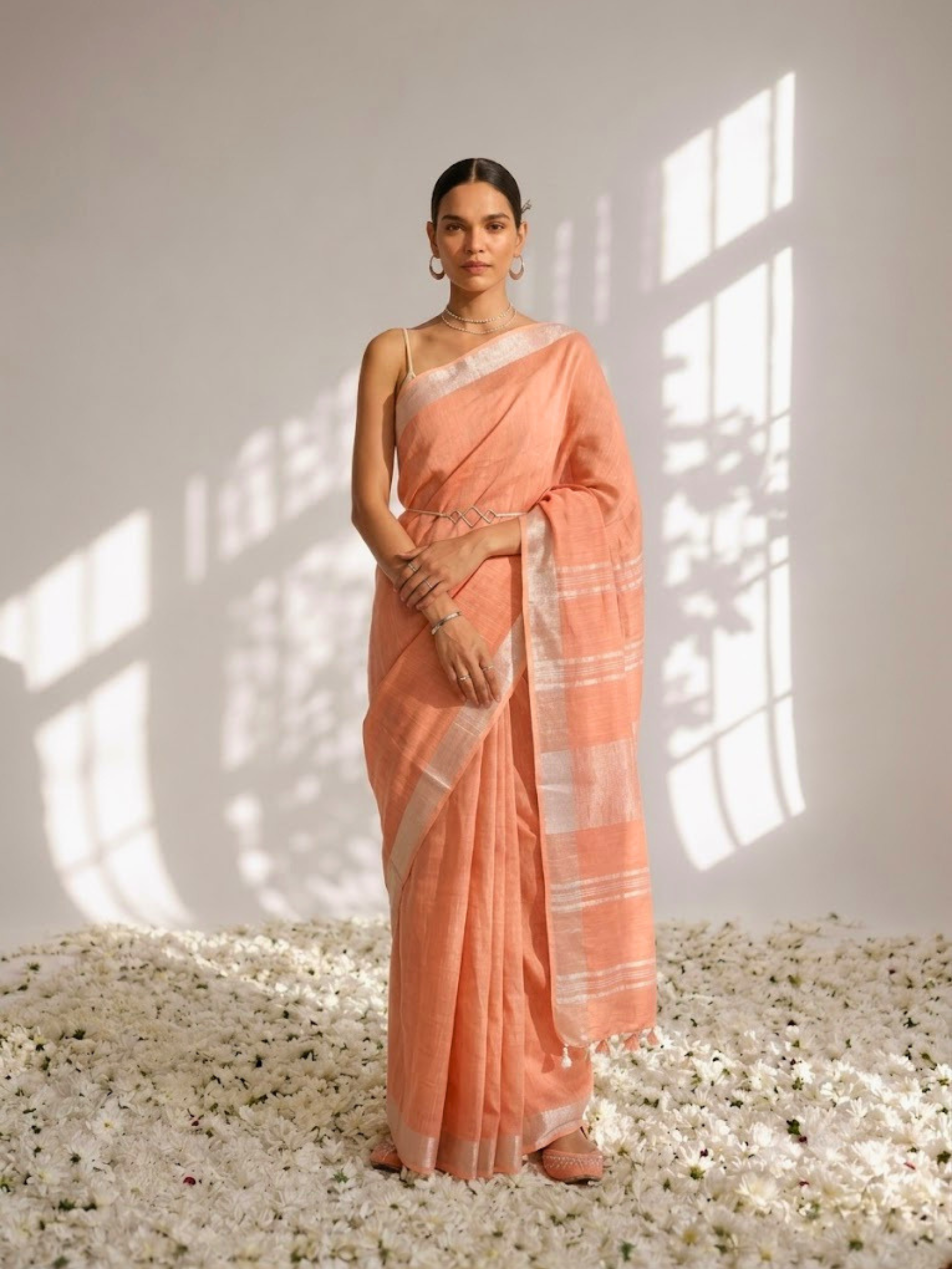 Peach Linen Saree with Self Blouse Fabric