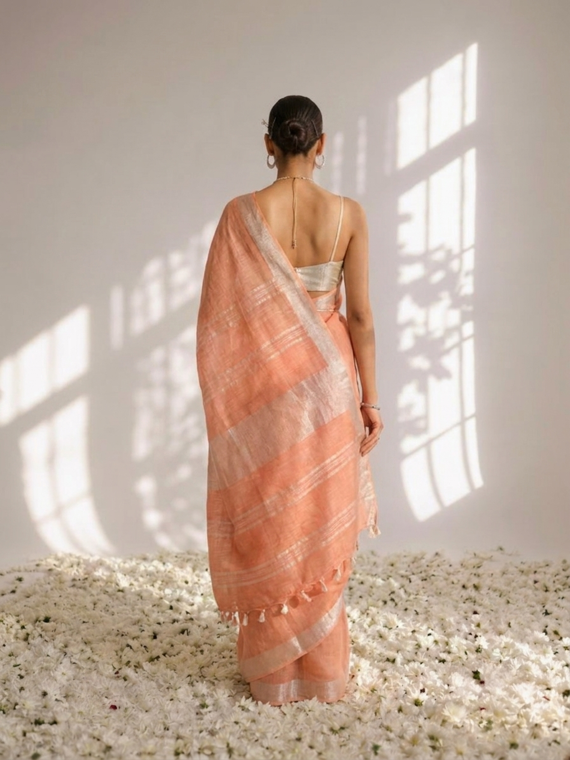 Peach Linen Saree with Self Blouse Fabric