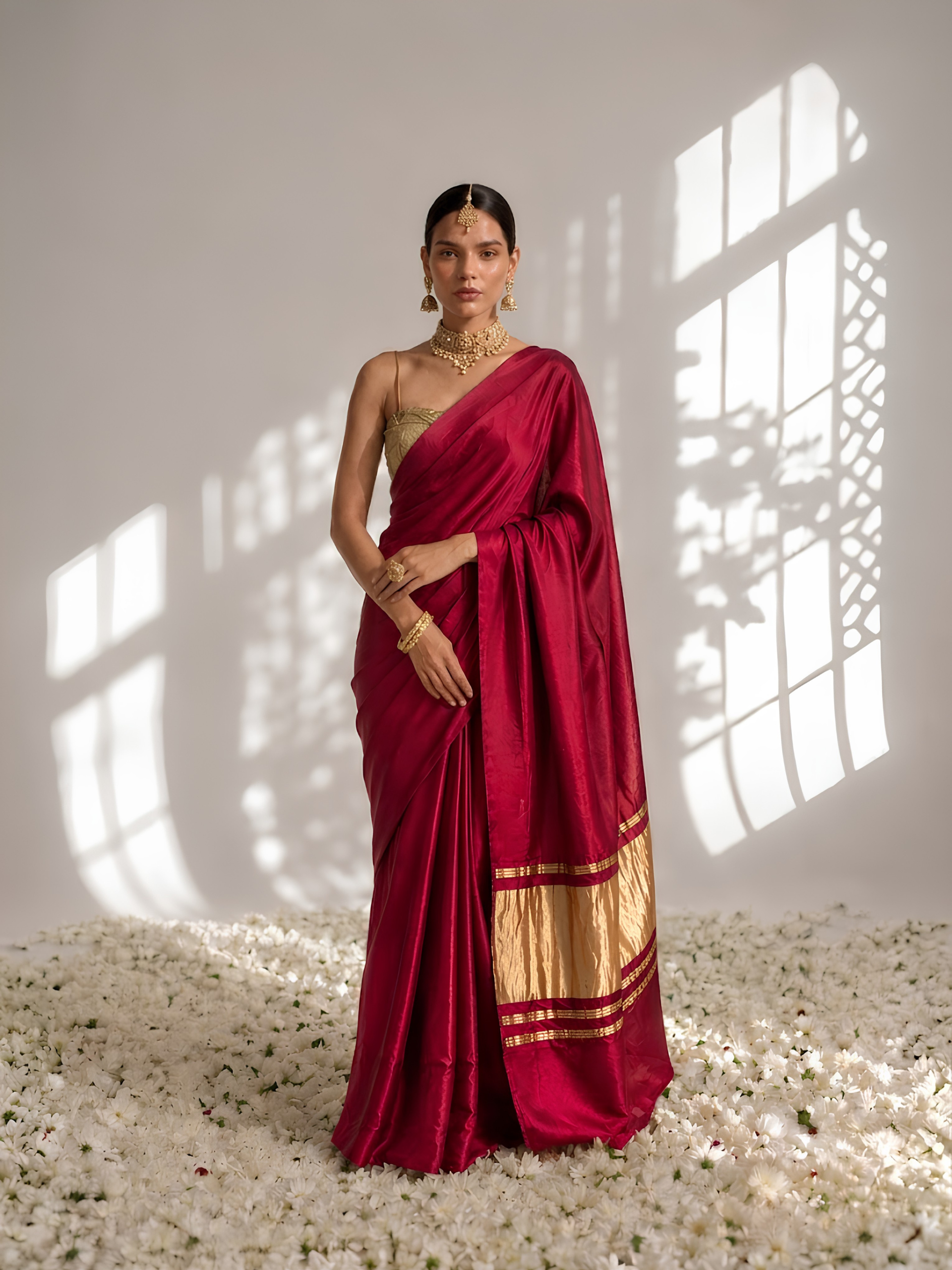 Sangria Modal Gajji Saree with Zari Pallu and Self Blouse Fabric