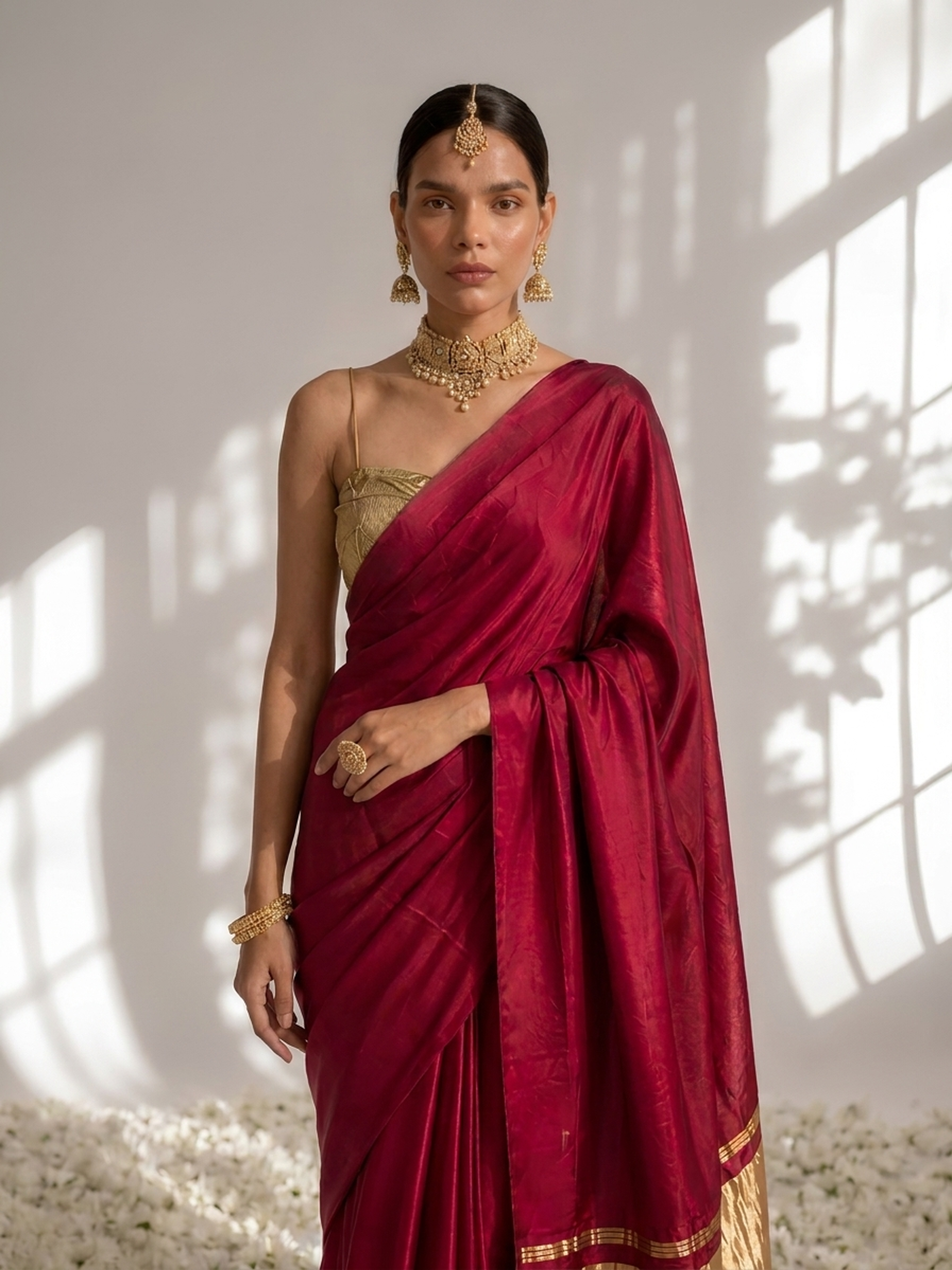 Sangria Modal Gajji Saree with Zari Pallu and Self Blouse Fabric