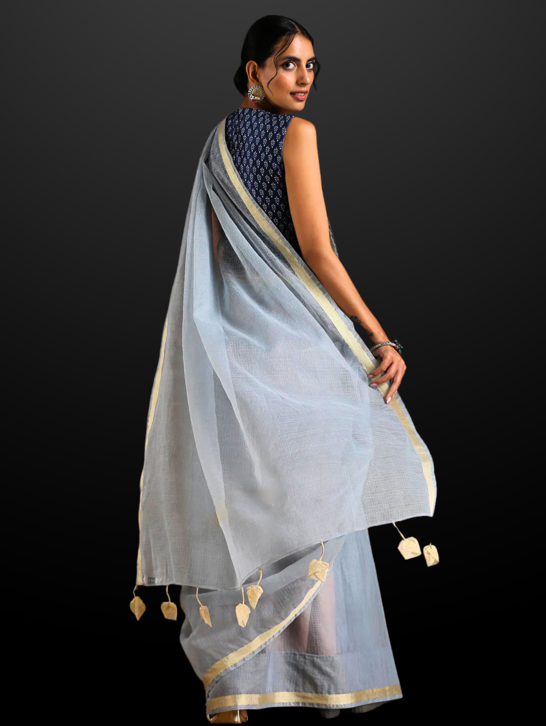 Smoke Kota Doria Saree with Border & Tassles