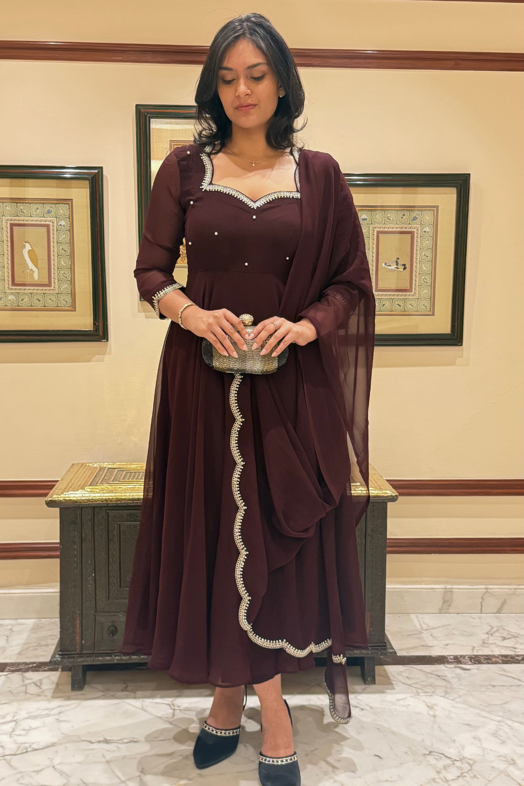 3 pc Suit Set -Chocolate Georgette 3/4th Sleeve Anarkali with Embroidery and Dupatta with Pants