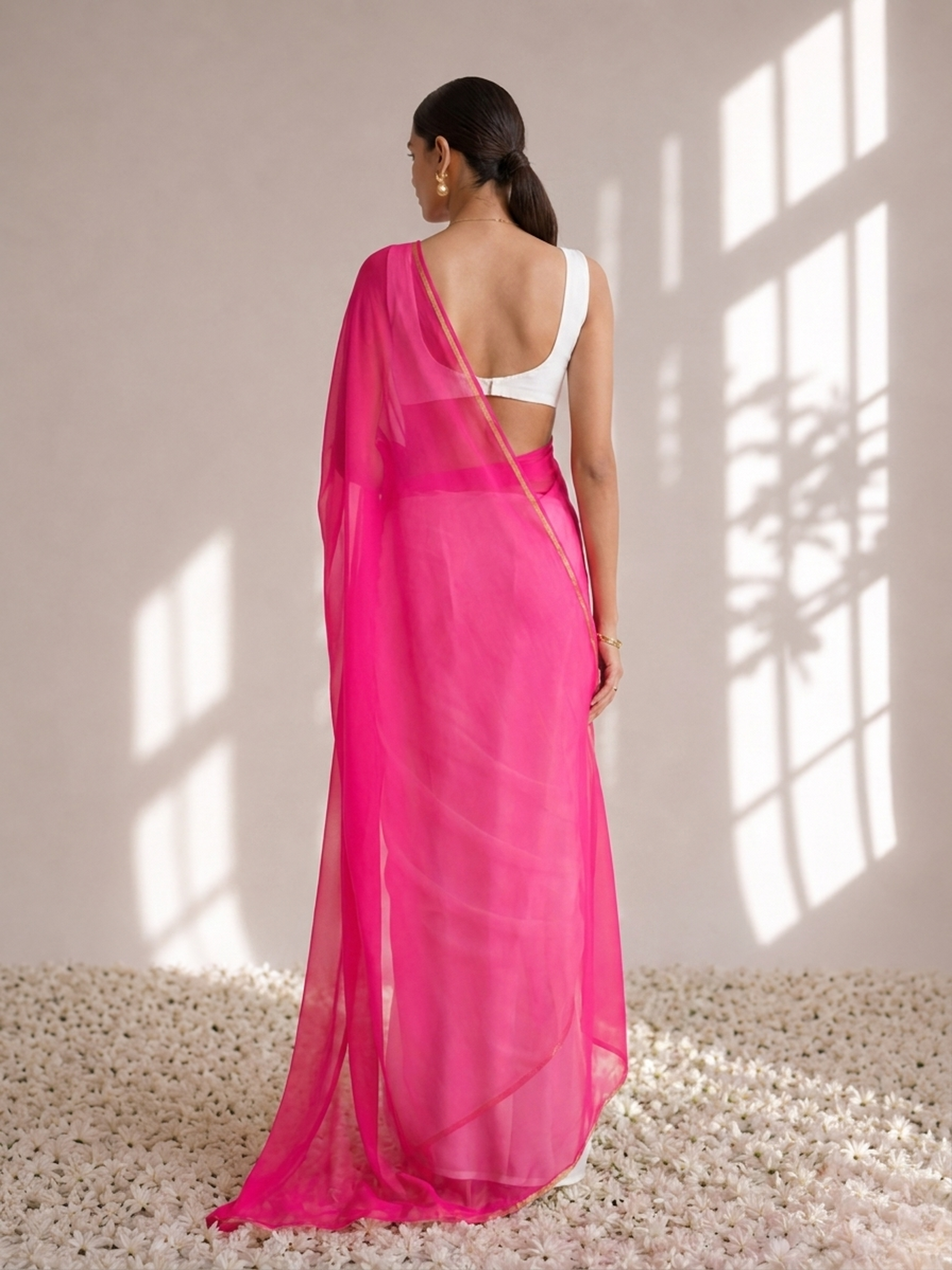 White and Neon Pink Saree with Blouse Fabric