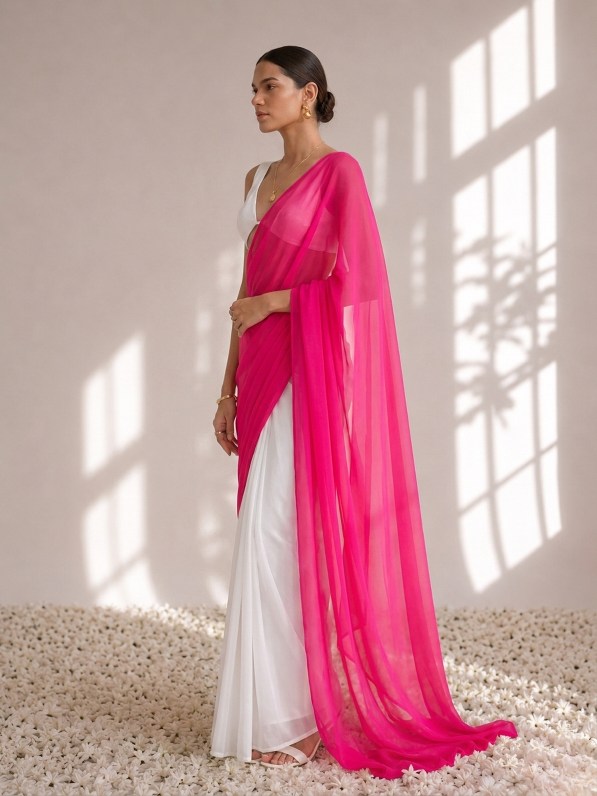 White and Neon Pink Saree with Blouse Fabric