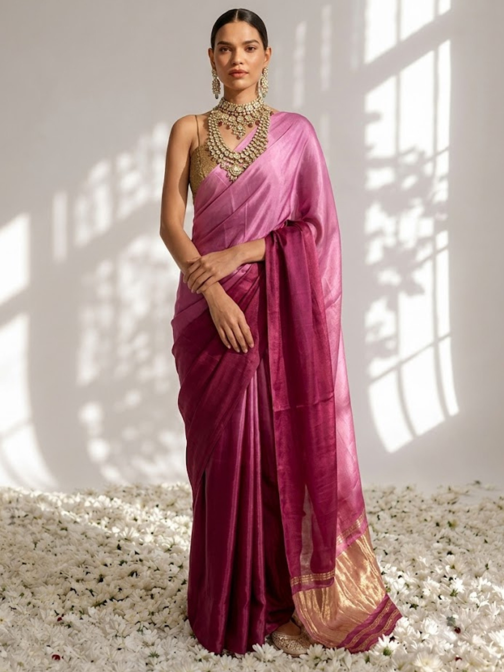 Rosy Mauve Ombre Modal Gajji Saree with Zari Pallu and Self Blouse Fabric
