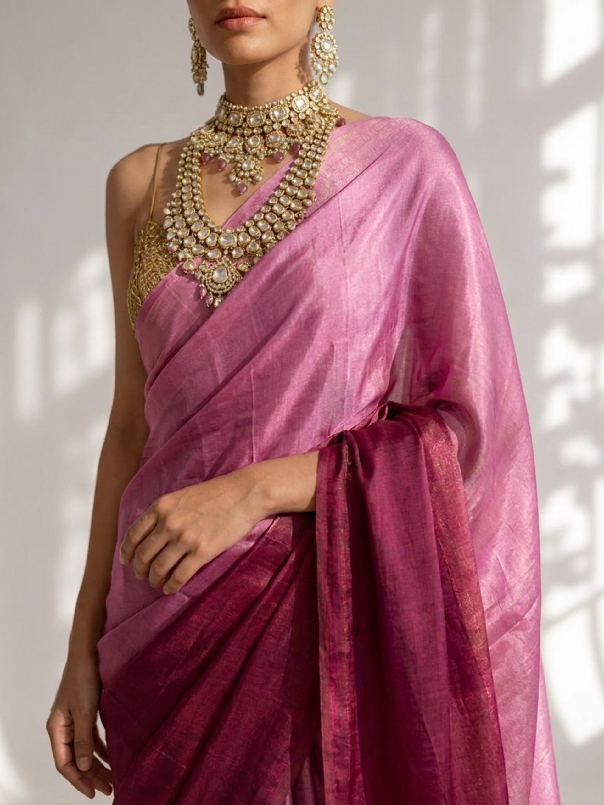 Rosy Mauve Ombre Modal Gajji Saree with Zari Pallu and Self Blouse Fabric