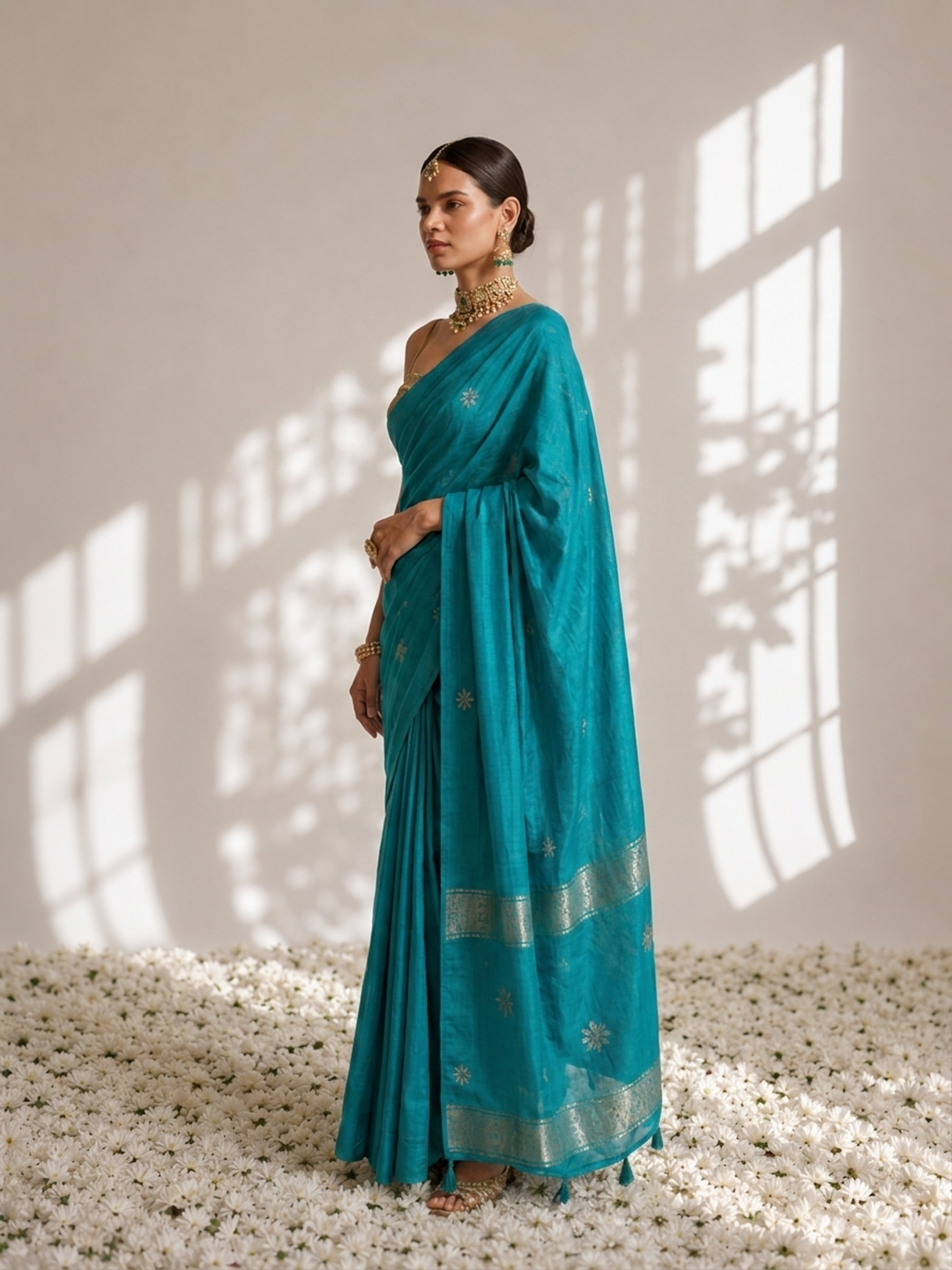 Malachite Green Soft Silk Blend Bhagalpur Saree with Self Blouse Fabric