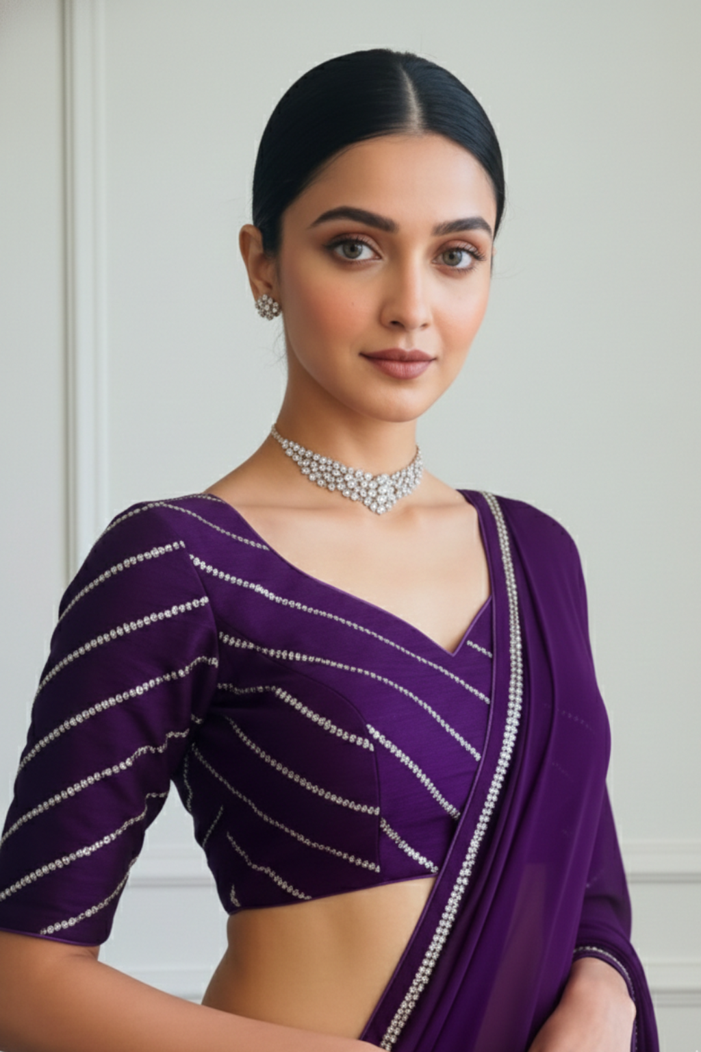 Purple Sequin Stripe Blouse – Free-Size Adjustable 32–40 inches | Partywear Ready-to-Wear Blouse