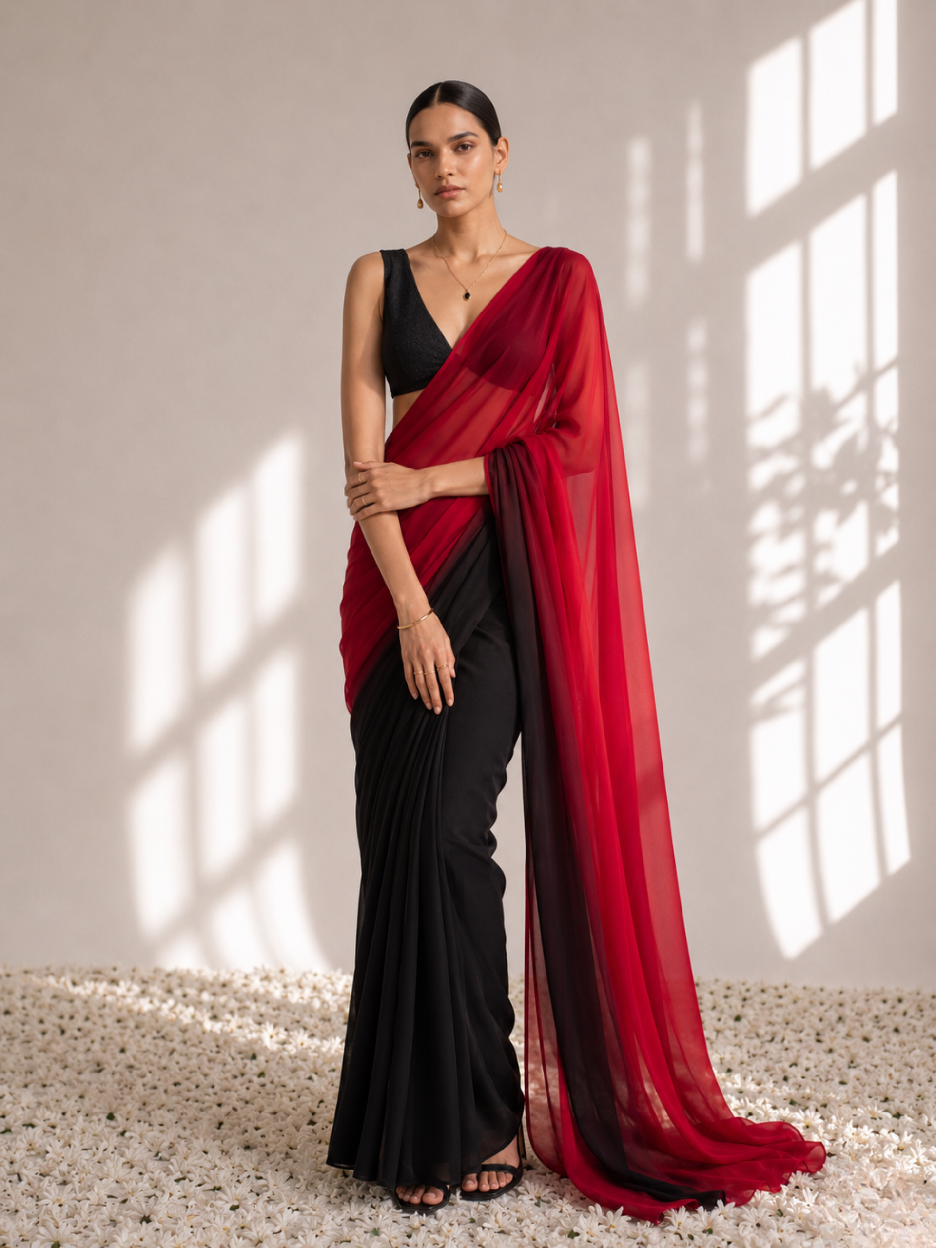 Black and Red Georgette Triangle Saree with Blouse Fabric
