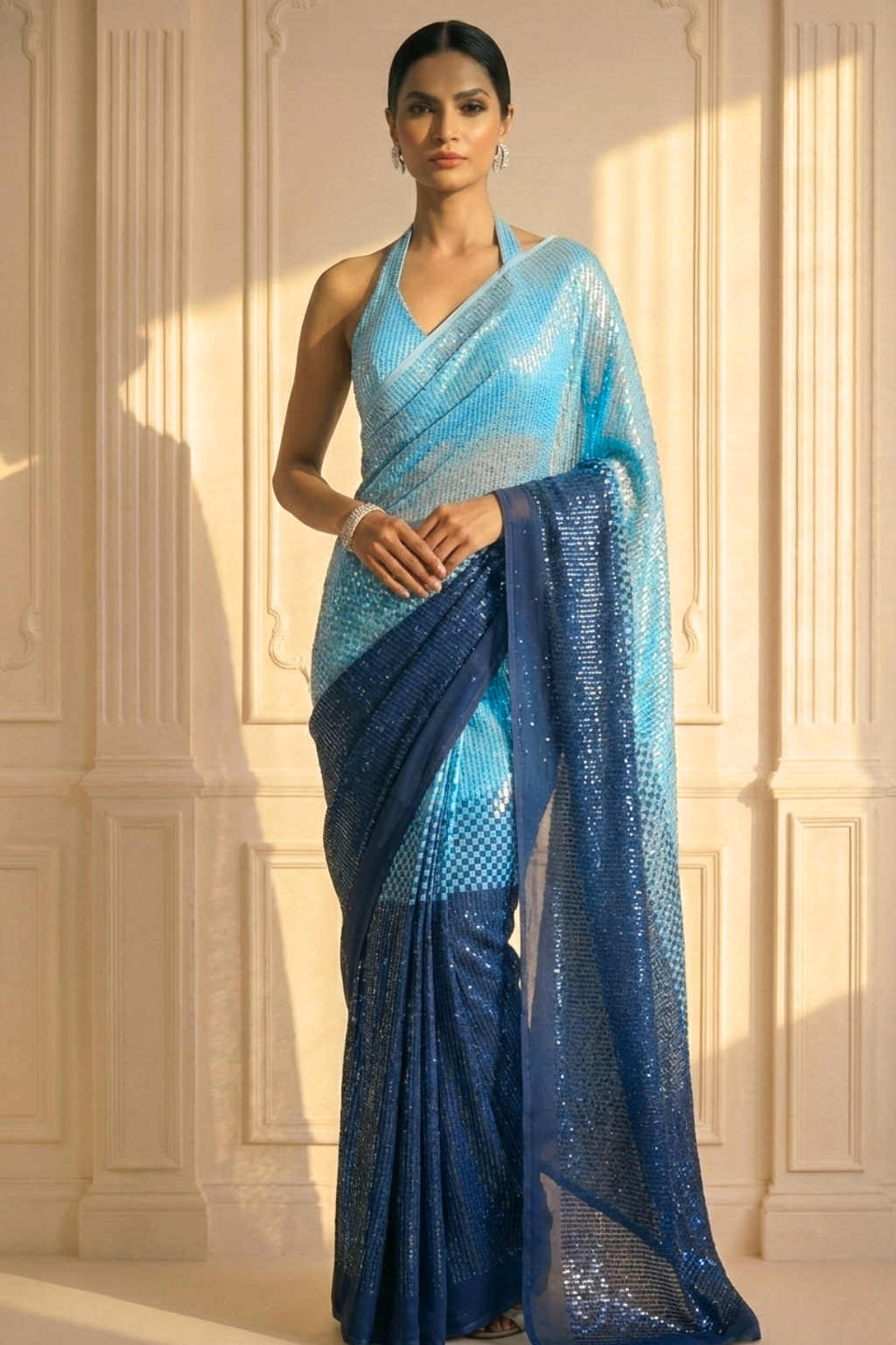 Allure Blue Ombre' Knitted Sequin Saree with Blouse Fabric