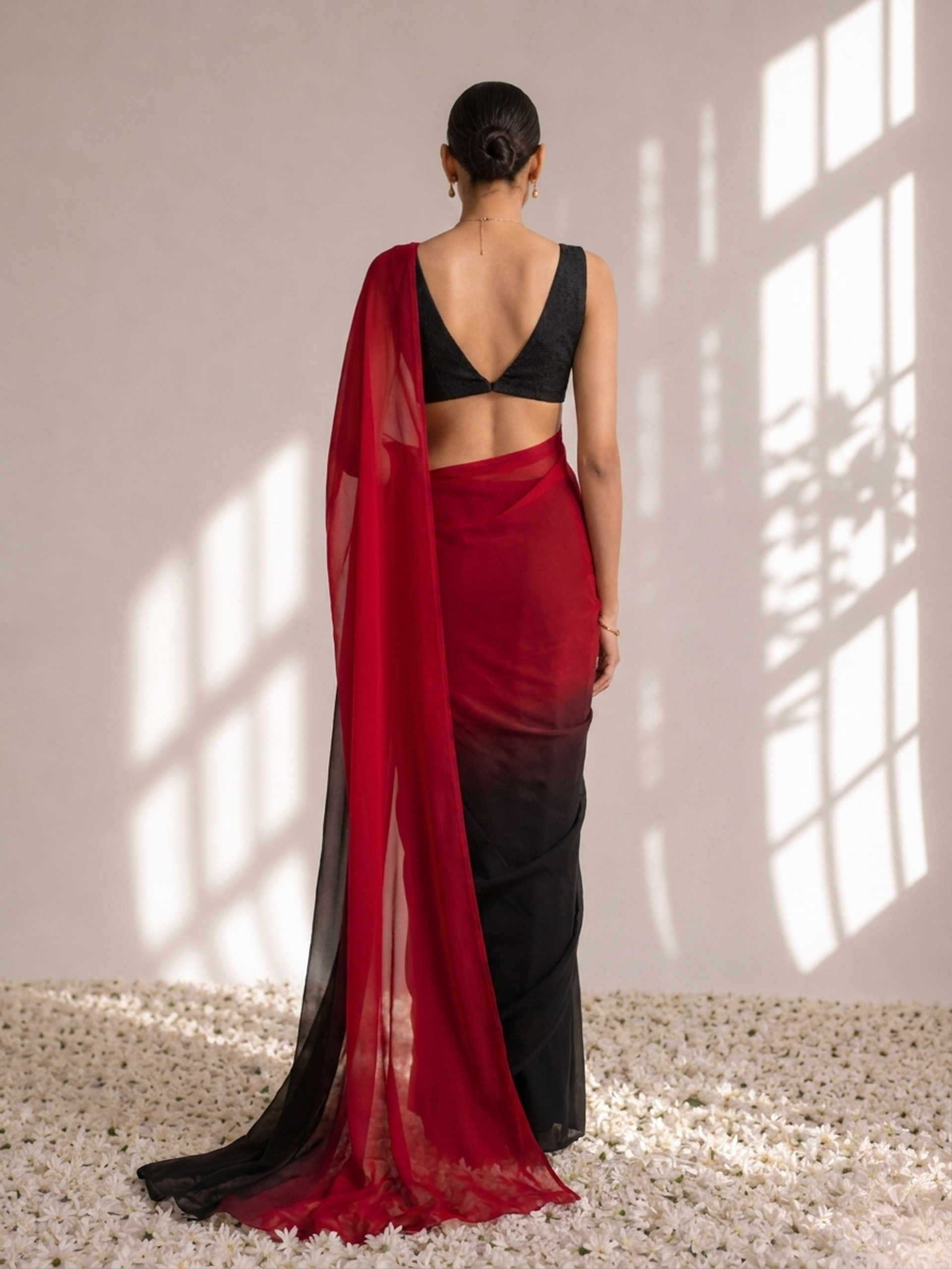 Black and Red Georgette Triangle Saree with Blouse Fabric