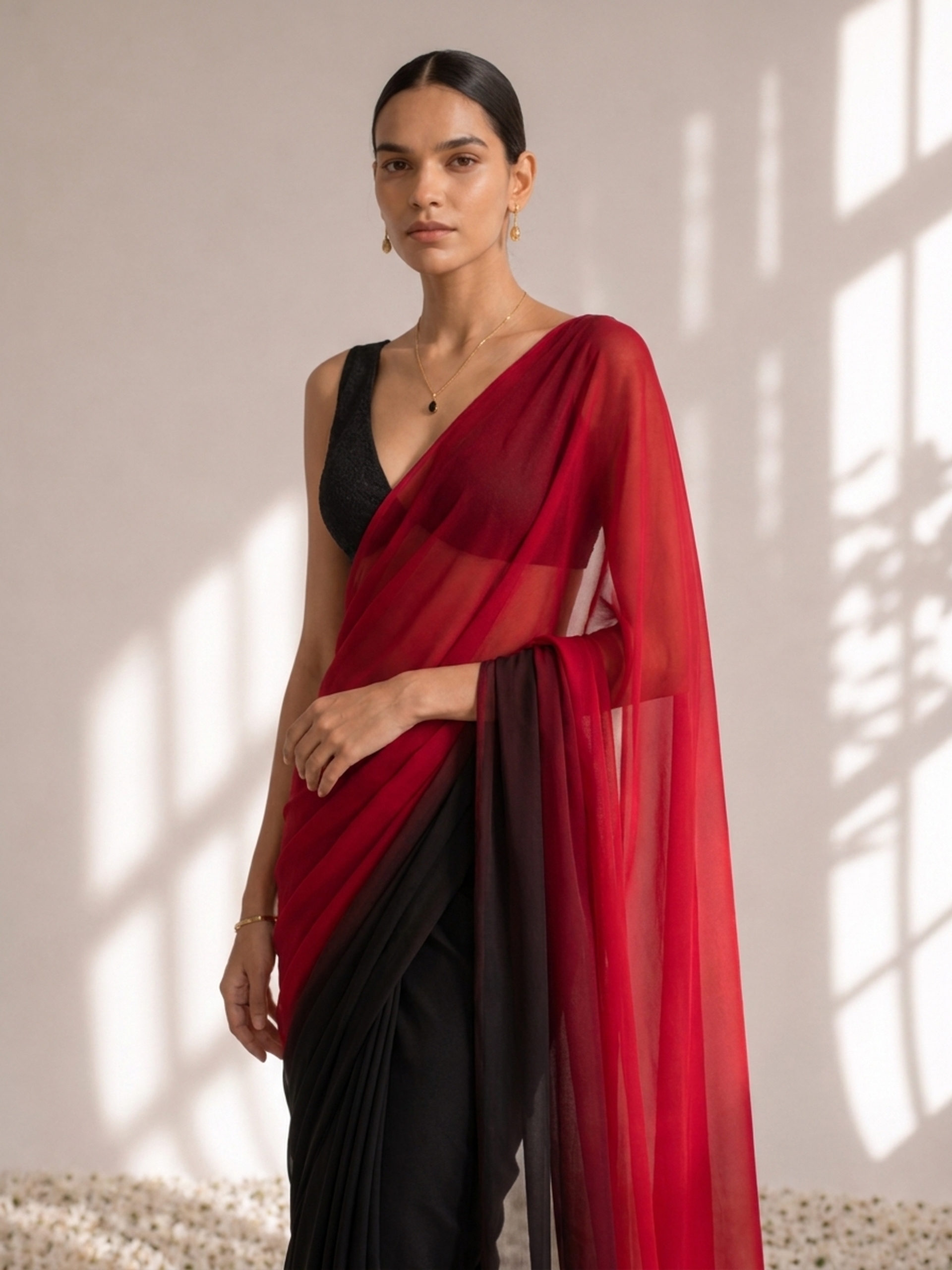 Black and Red Georgette Triangle Saree with Blouse Fabric
