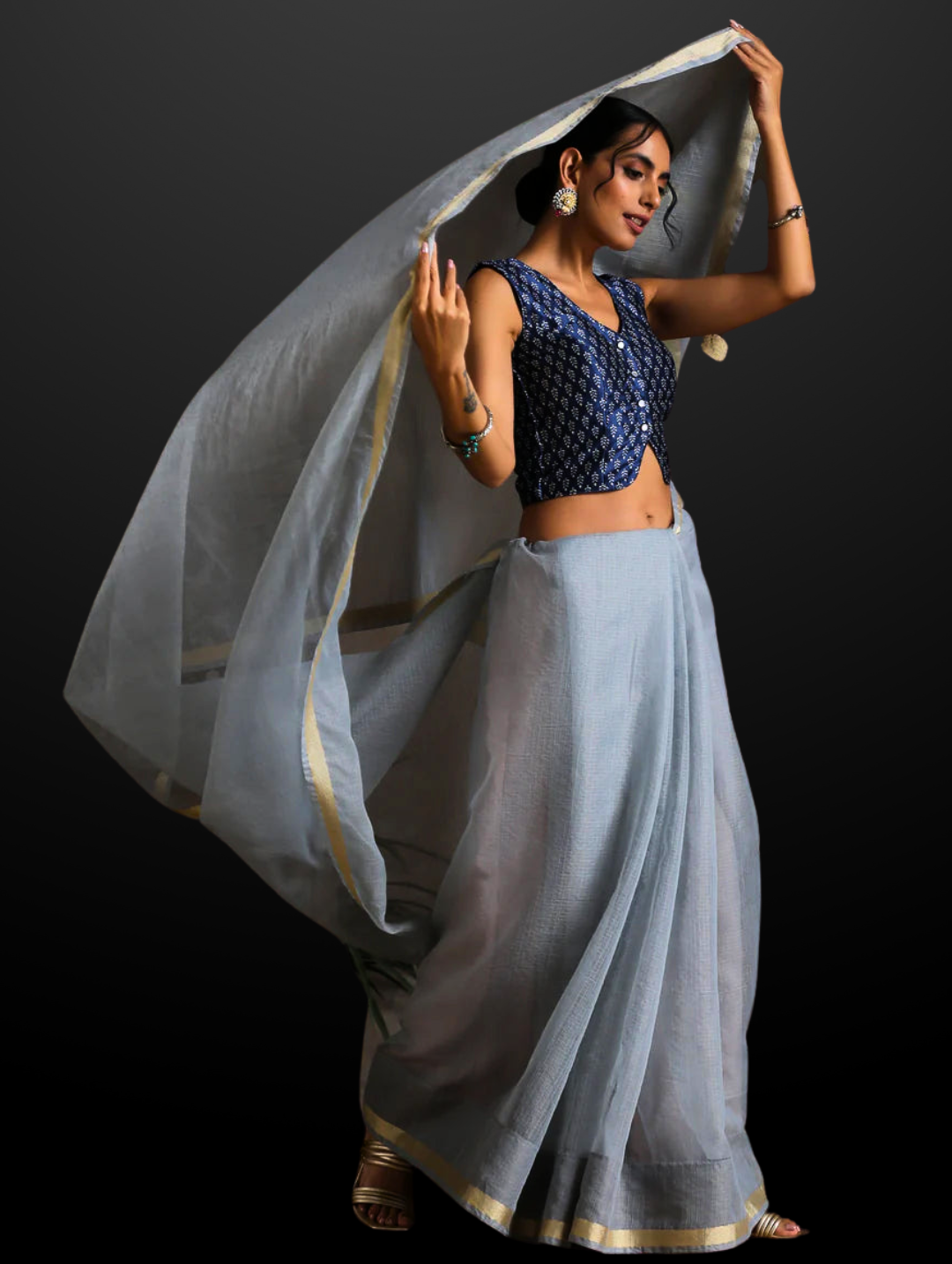 Smoke Kota Doria Saree with Border & Tassles