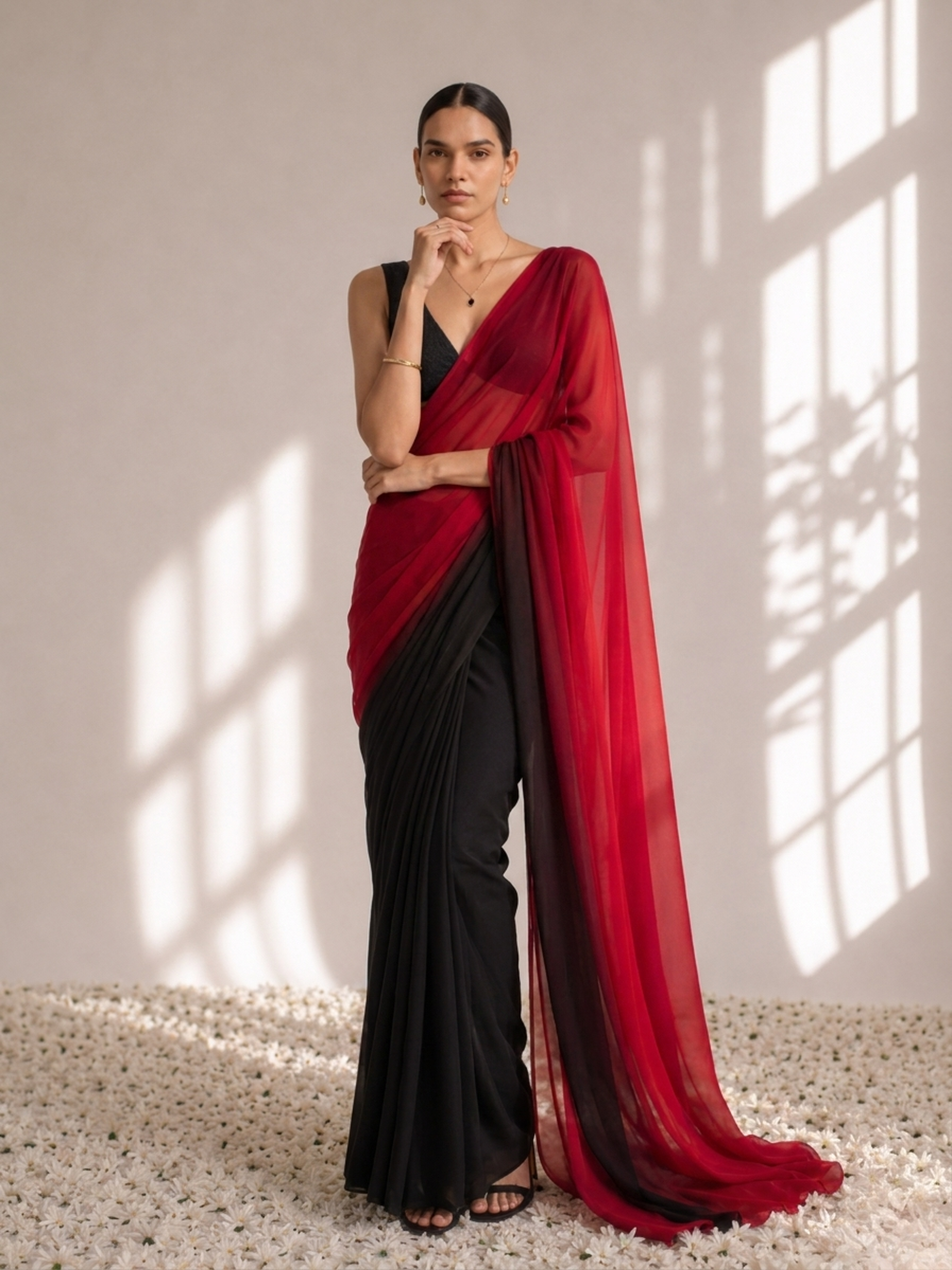 Black and Red Georgette Triangle Saree with Blouse Fabric
