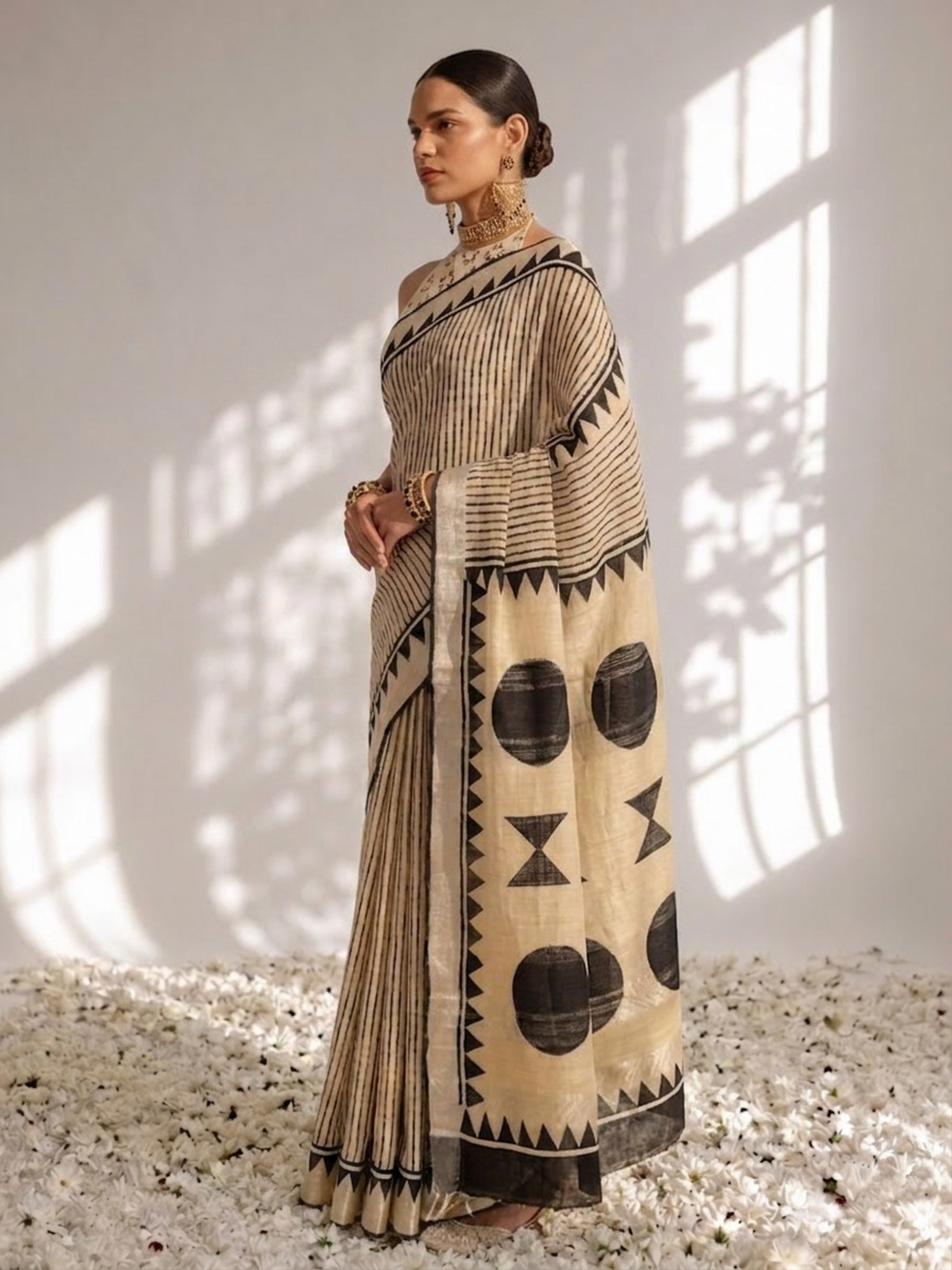 Cream and Black Stripe Hand Block Printed Cotton Saree with Blouse Fabric