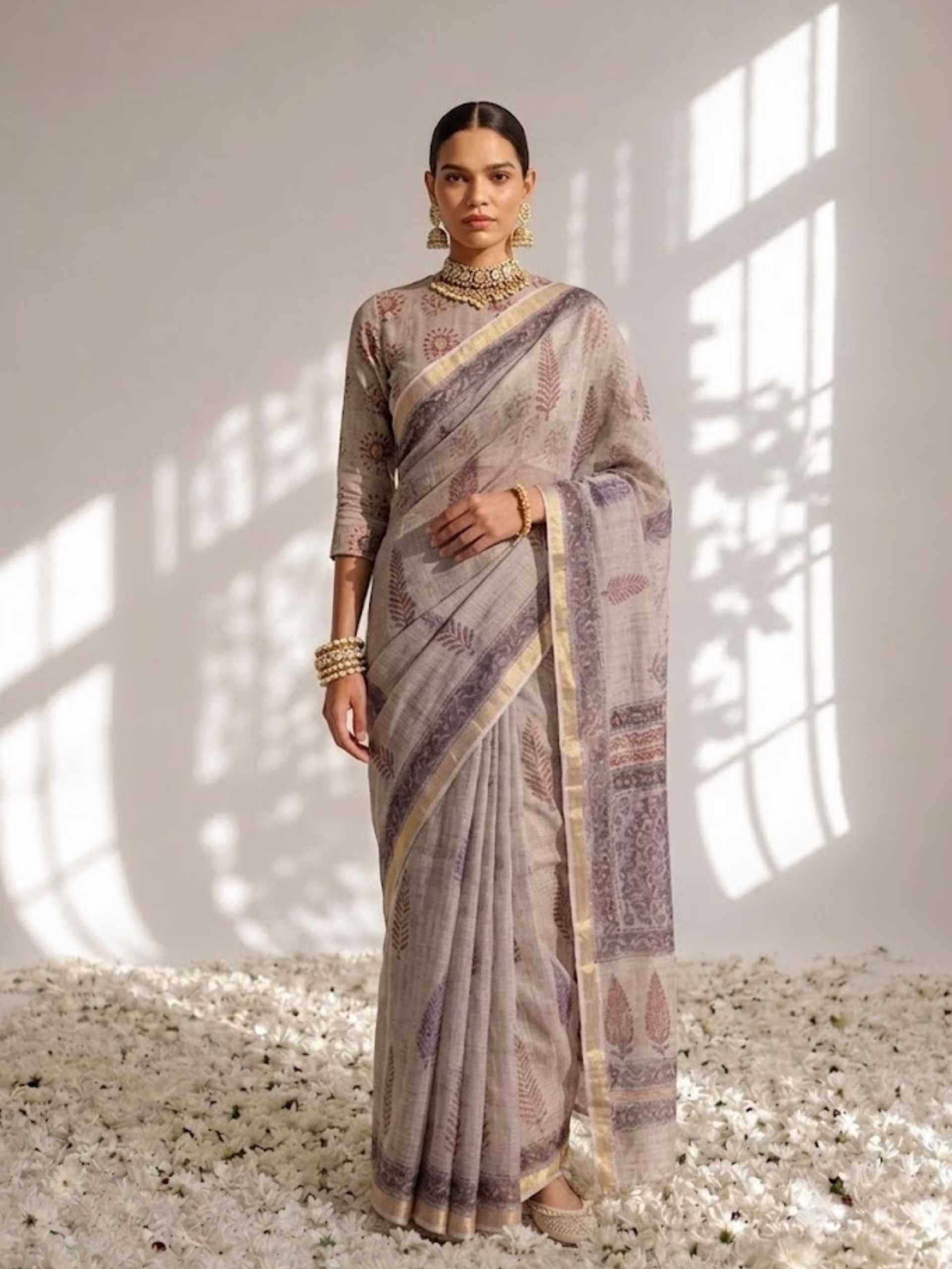 Lilac Pure Silk Kota Printed Saree with Blouse Fabric
