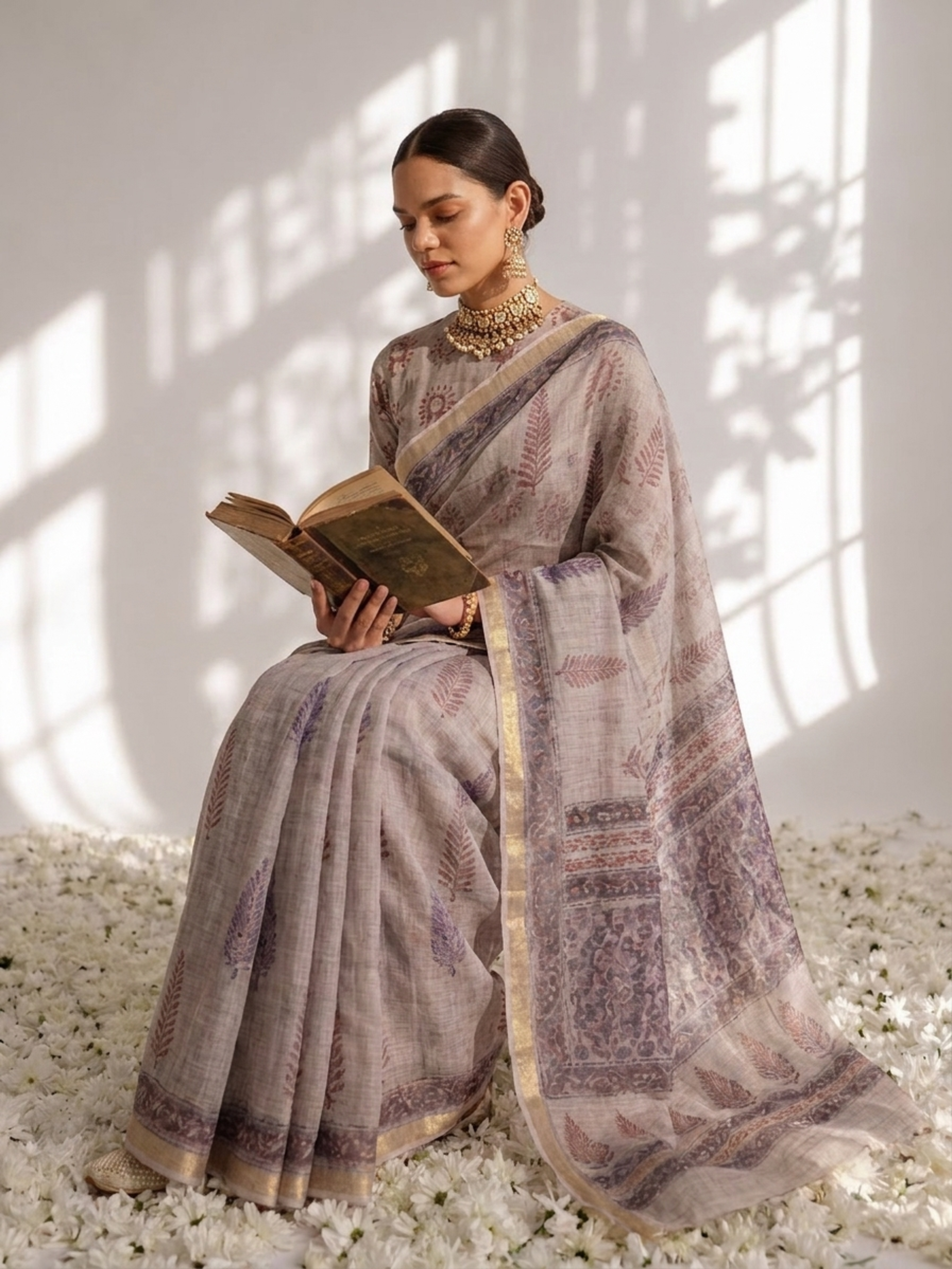 Lilac Pure Silk Kota Printed Saree with Blouse Fabric