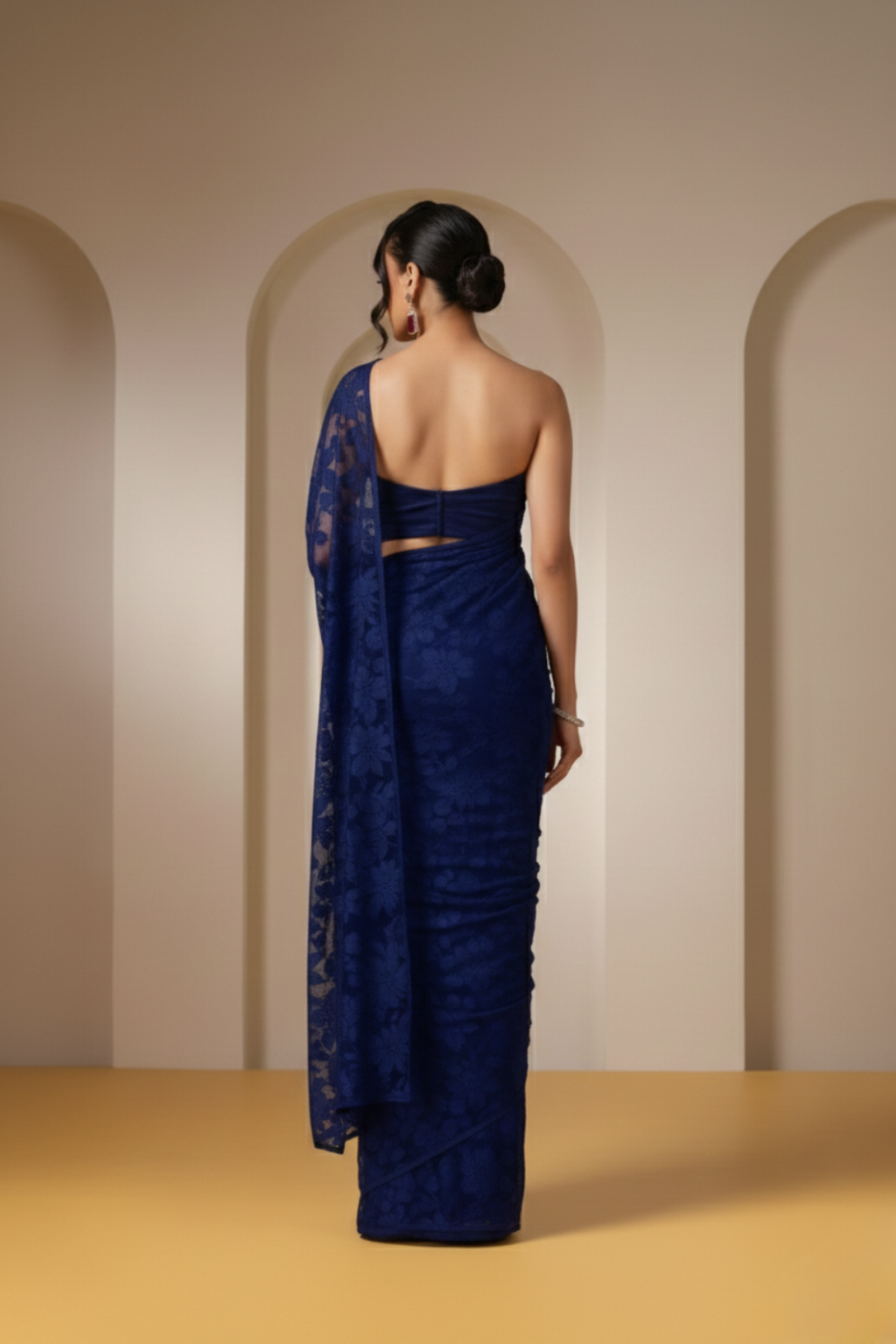 Navy Blue Leaf Lace Saree with plain Blouse Fabric