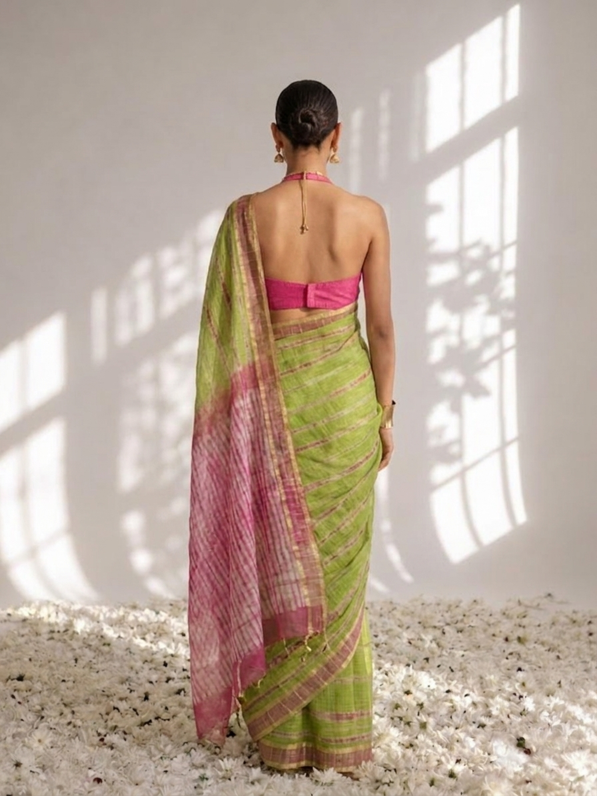 Green and Pink Pure Silk Kota Tie Dye Saree with Blouse Fabric