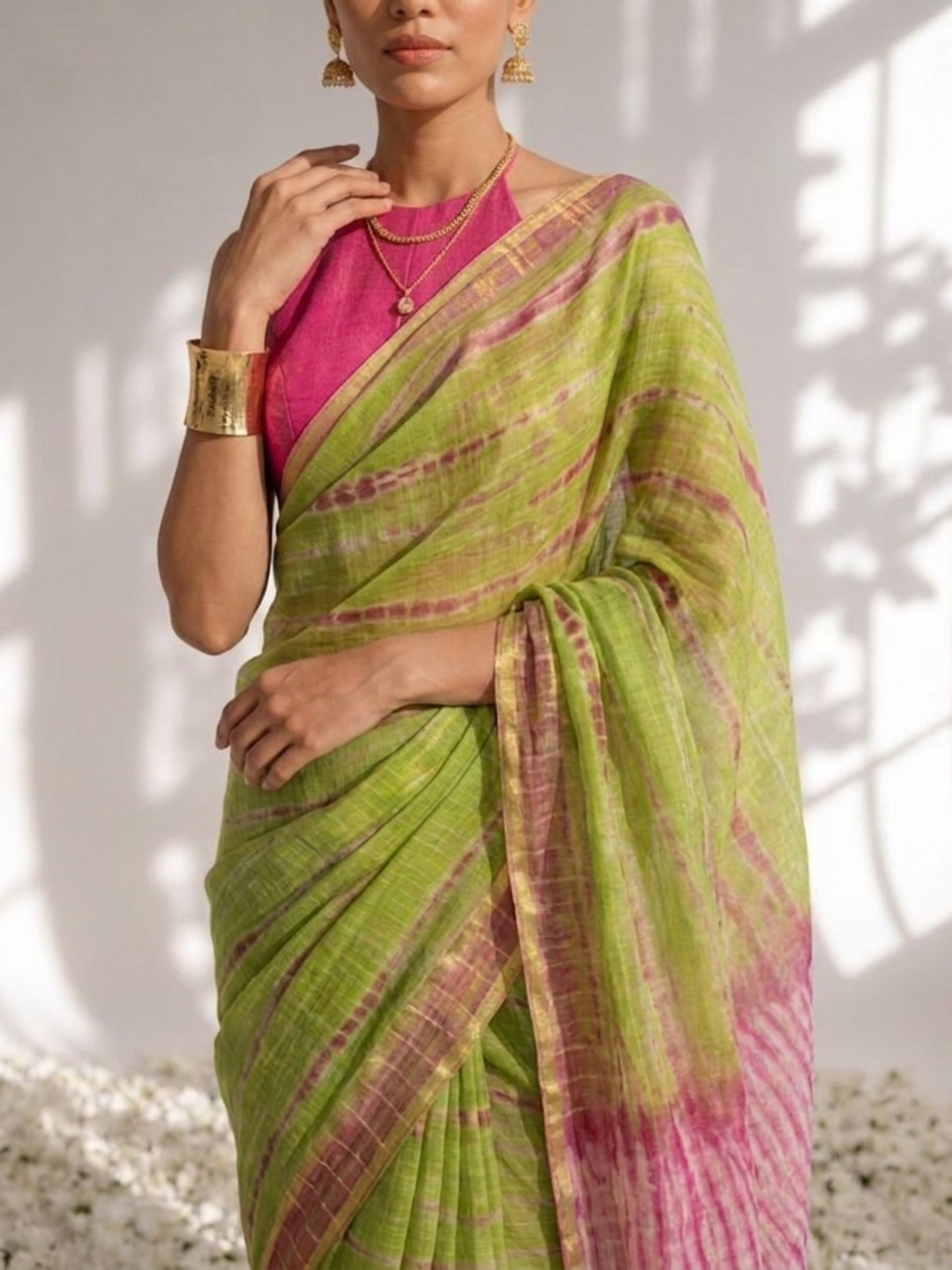Green and Pink Pure Silk Kota Tie Dye Saree with Blouse Fabric