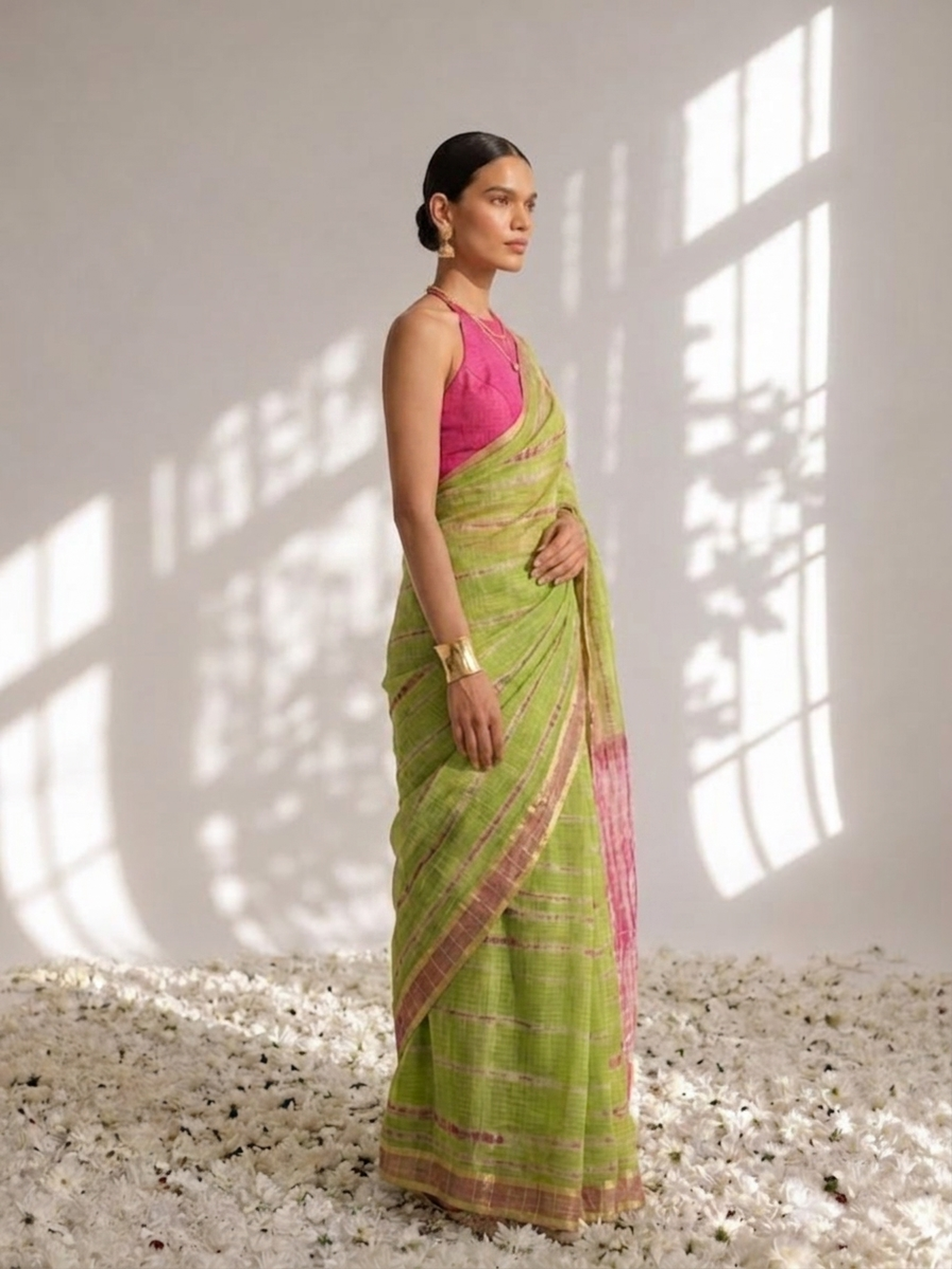 Green and Pink Pure Silk Kota Tie Dye Saree with Blouse Fabric