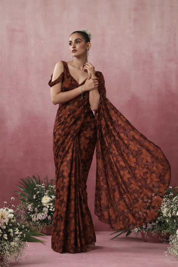 Chocolate Leaf Lace Saree with plain Blouse Fabric
