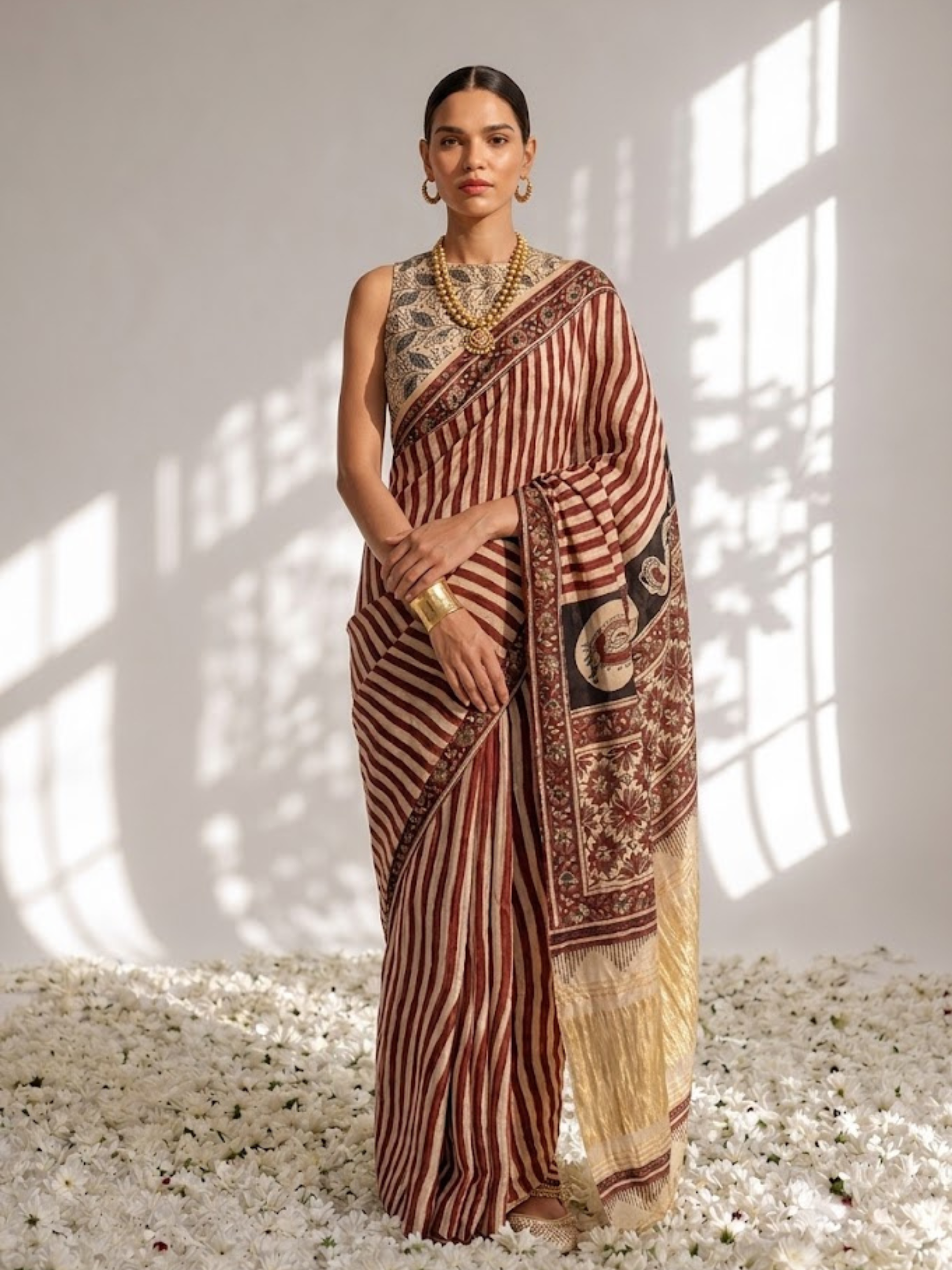 Gajji Silk Hand Block Red Stripe Printed Saree with Blouse Fabric