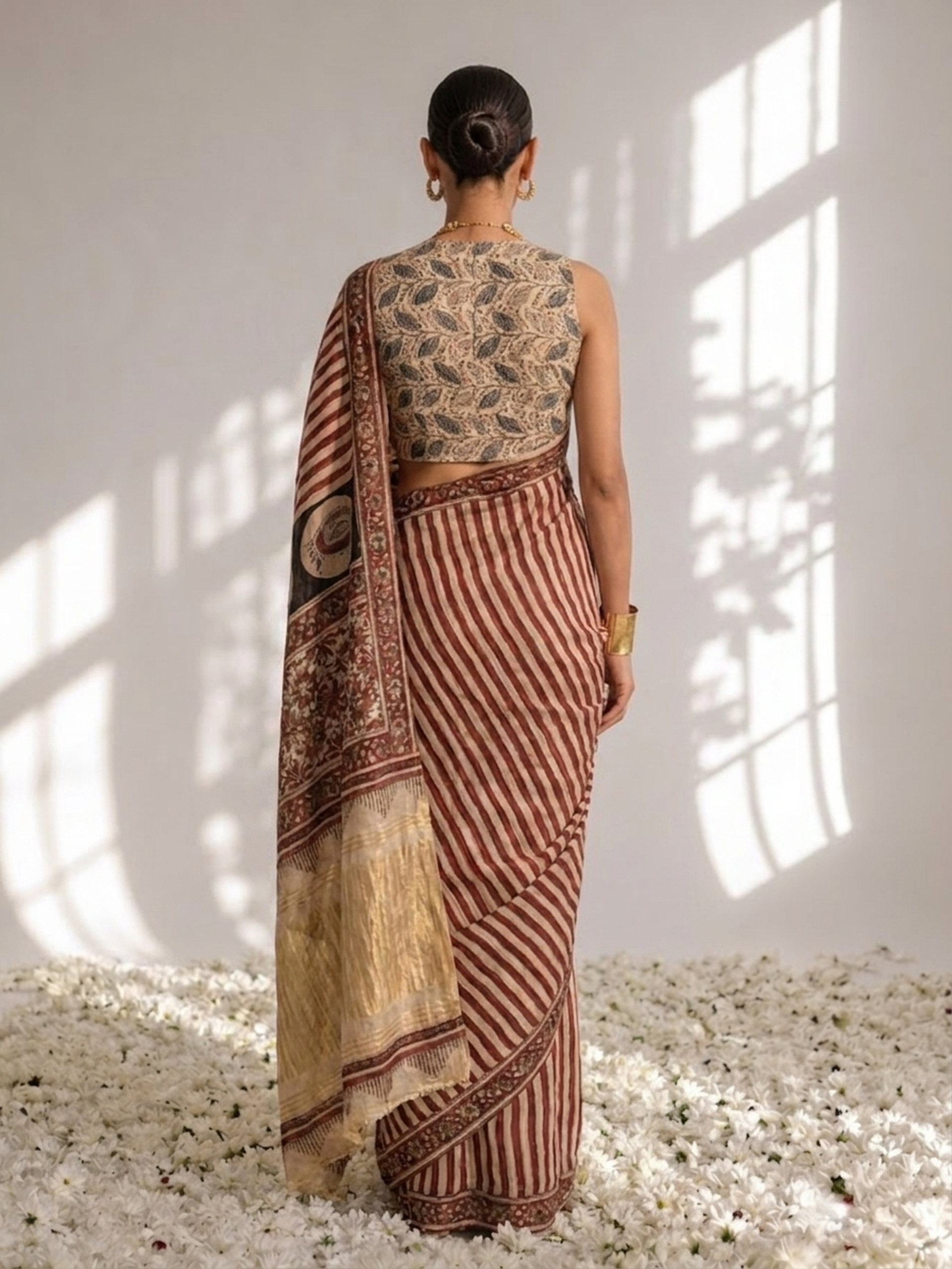 Gajji Silk Hand Block Red Stripe Printed Saree with Blouse Fabric