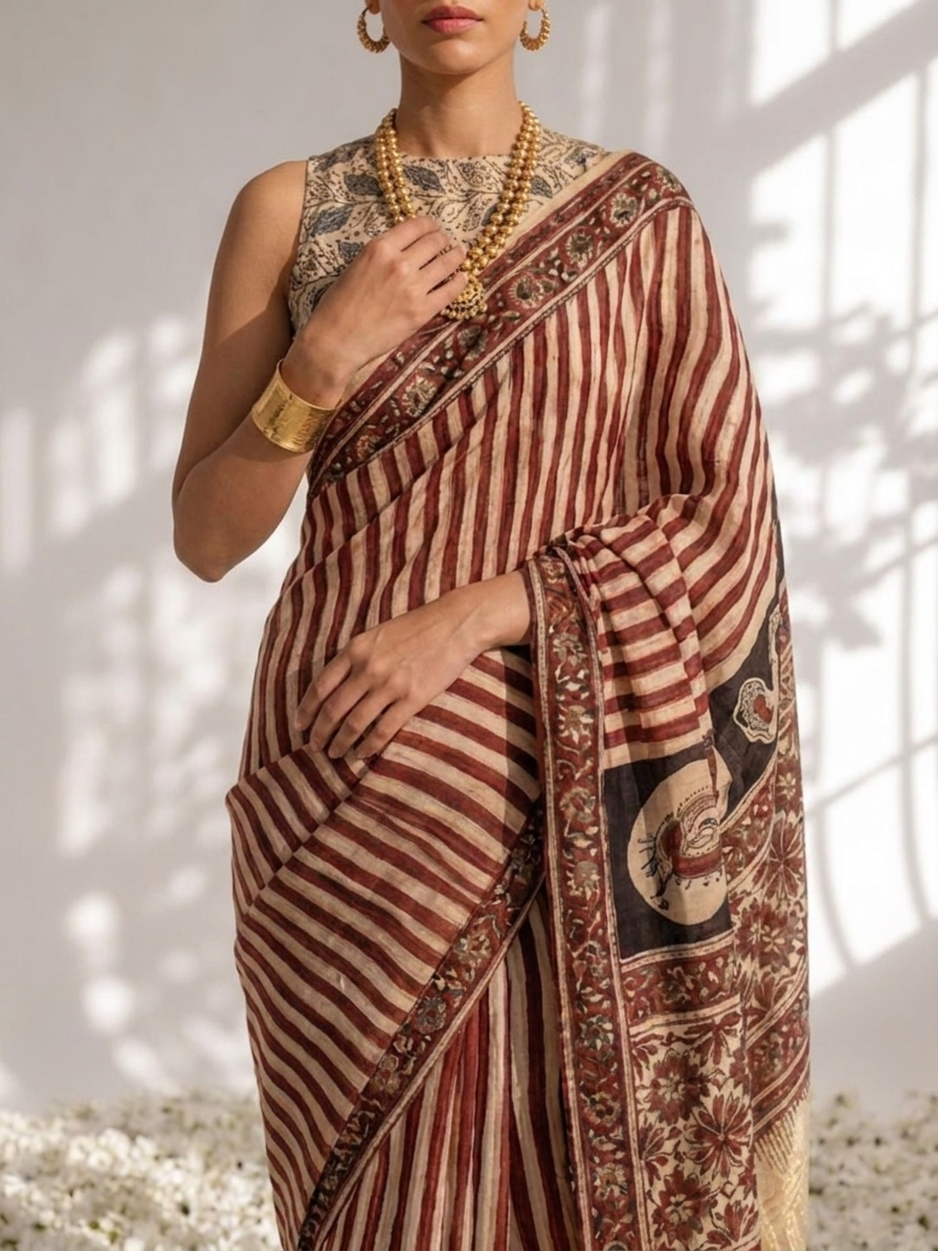 Gajji Silk Hand Block Red Stripe Printed Saree with Blouse Fabric