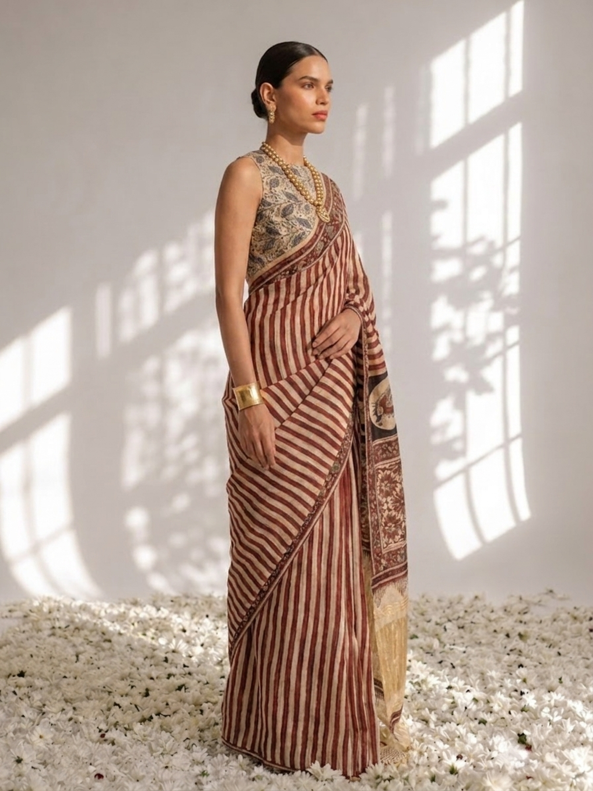 Gajji Silk Hand Block Red Stripe Printed Saree with Blouse Fabric