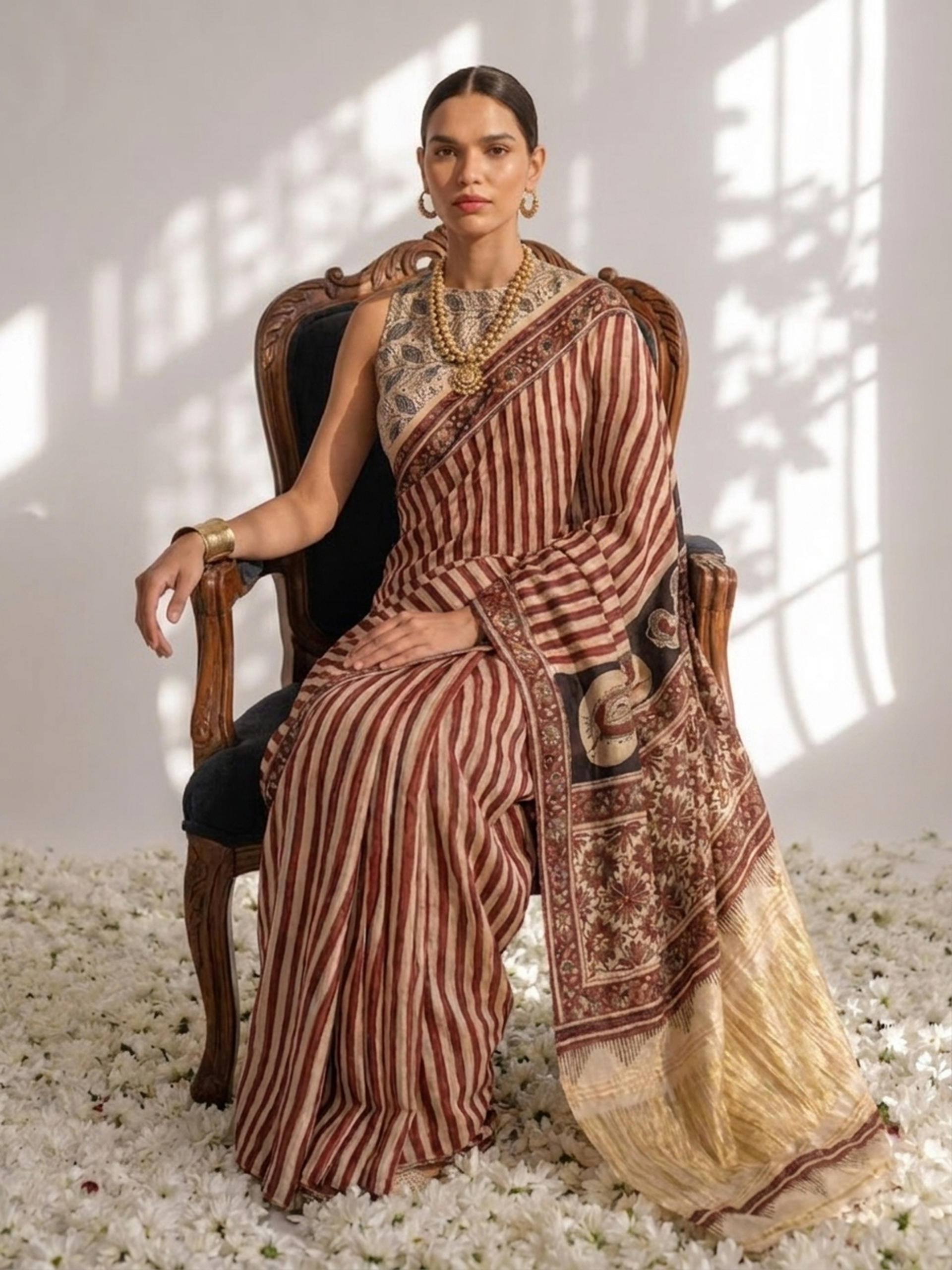 Gajji Silk Hand Block Red Stripe Printed Saree with Blouse Fabric