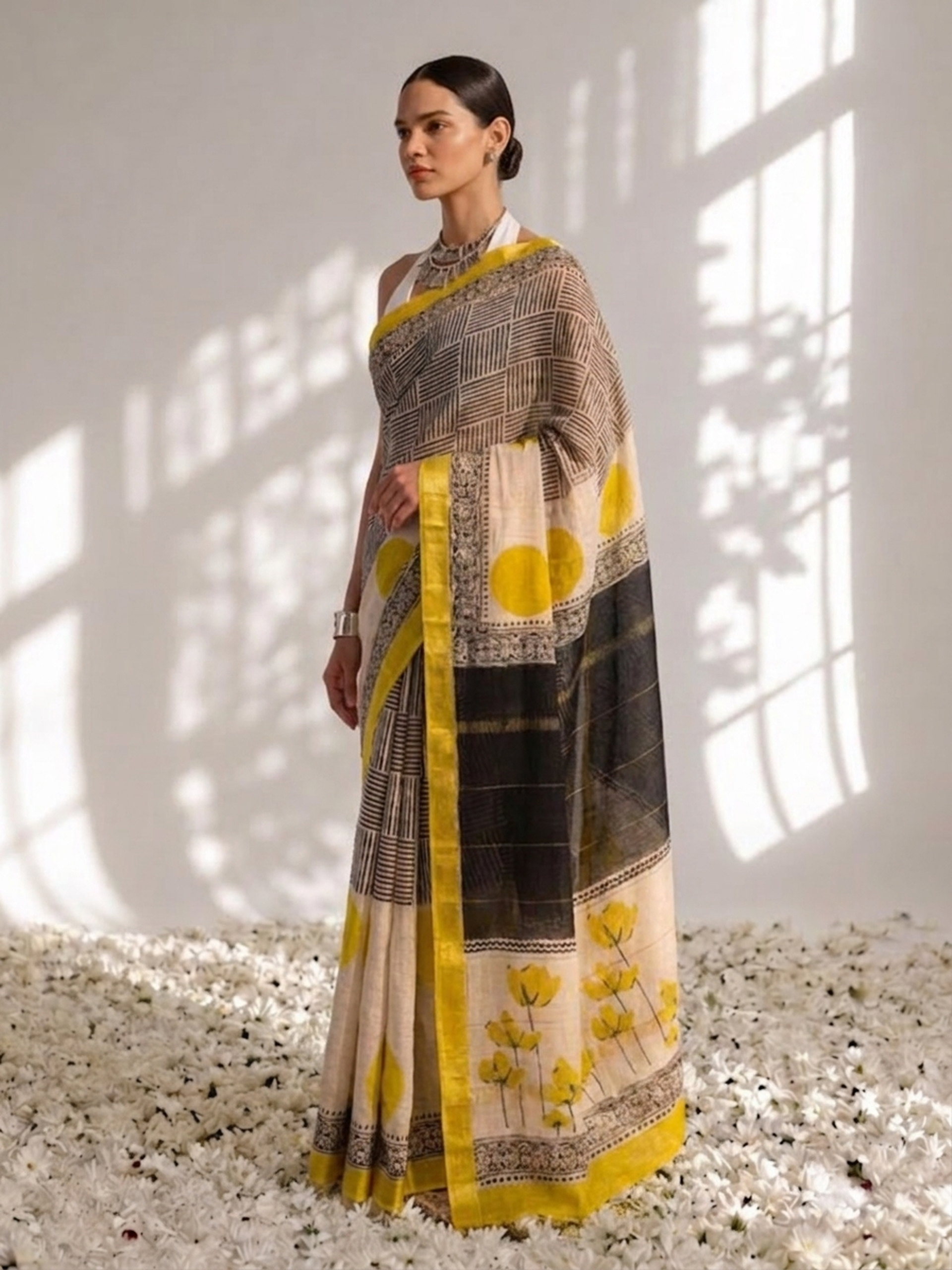 Maheshwari Silk Hand Block Black Yellow Printed Saree with Blouse Fabric
