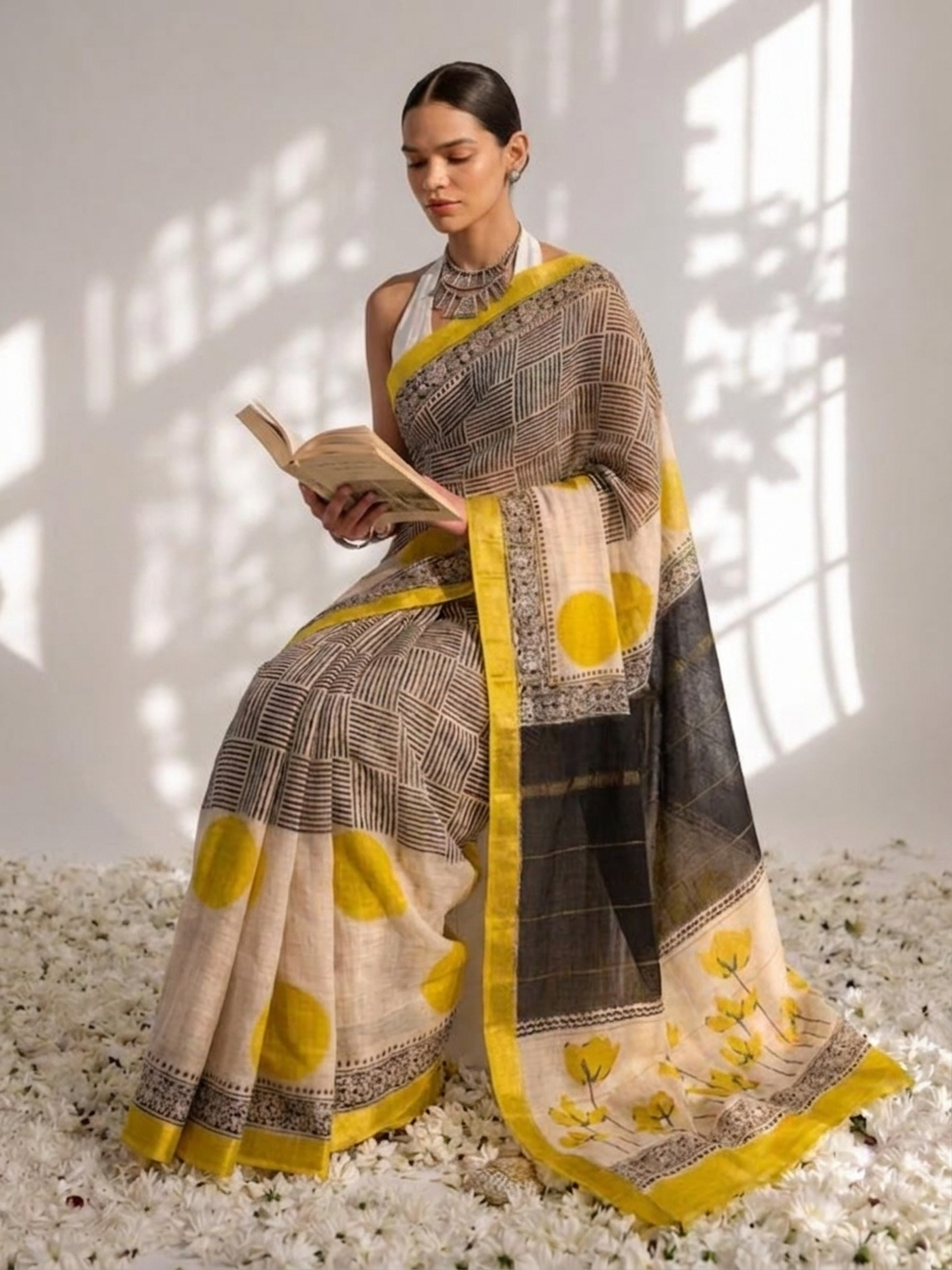 Maheshwari Silk Hand Block Black Yellow Printed Saree with Blouse Fabric