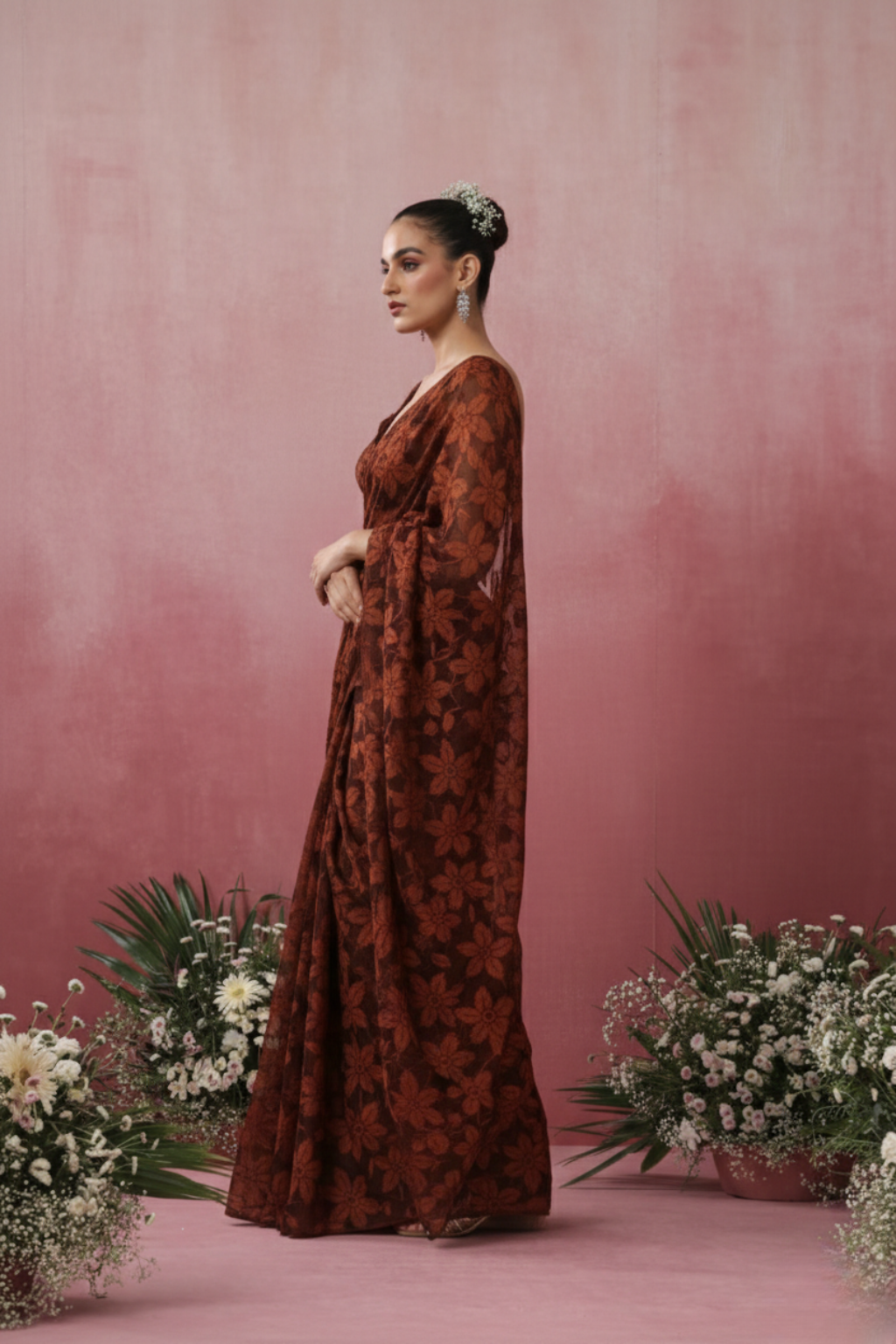 Chocolate Leaf Lace Saree with plain Blouse Fabric
