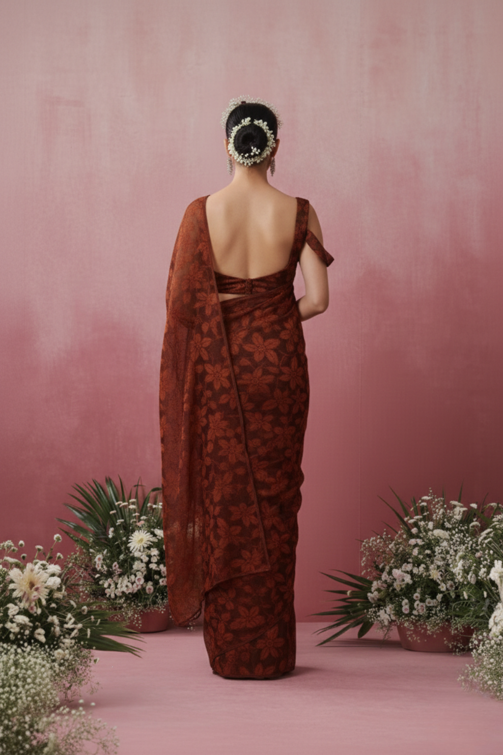 Chocolate Leaf Lace Saree with plain Blouse Fabric