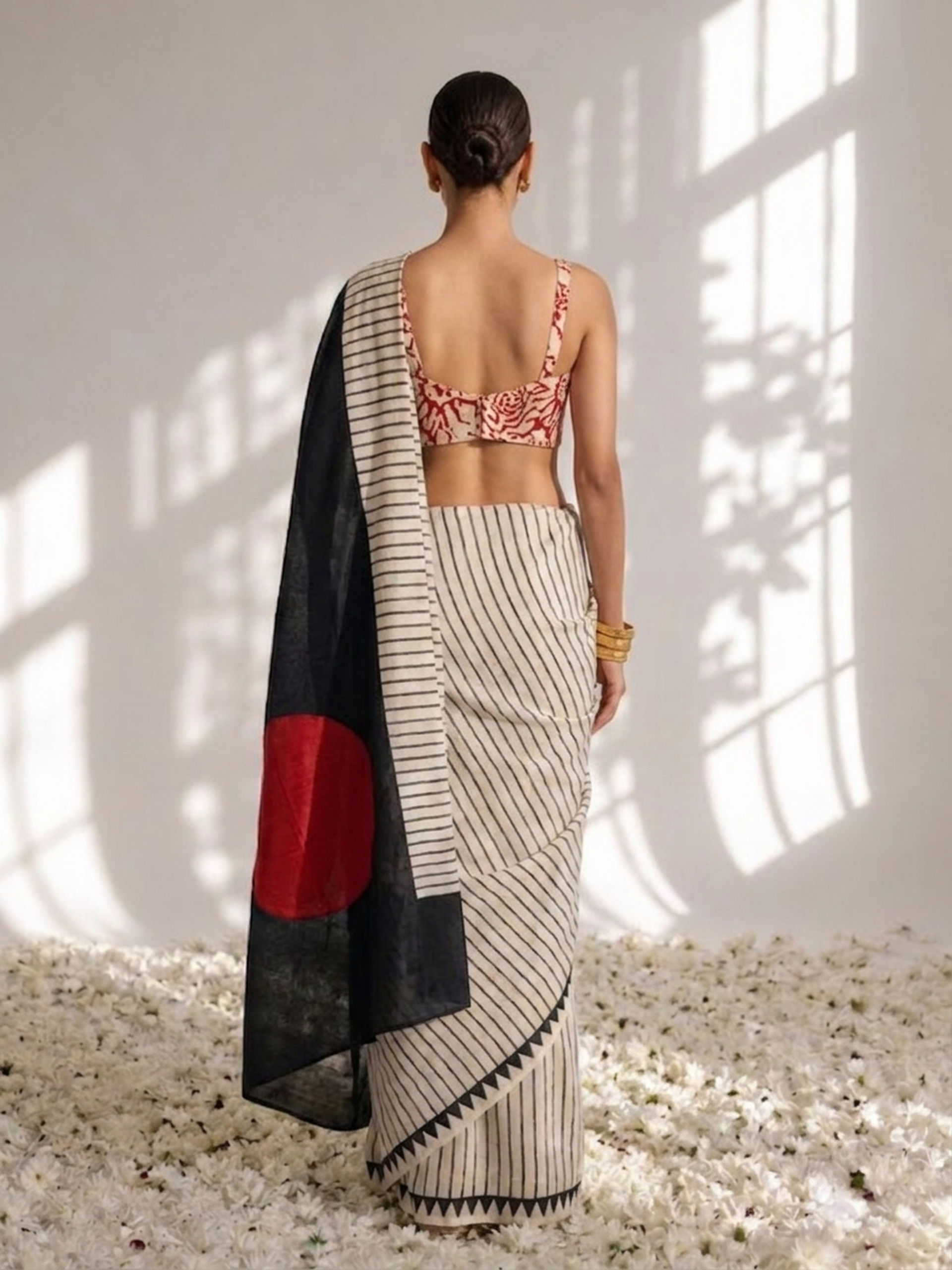 Modal Silk black white Stripe Hand Block Printed Saree with Red dot pallu and Blouse Fabric